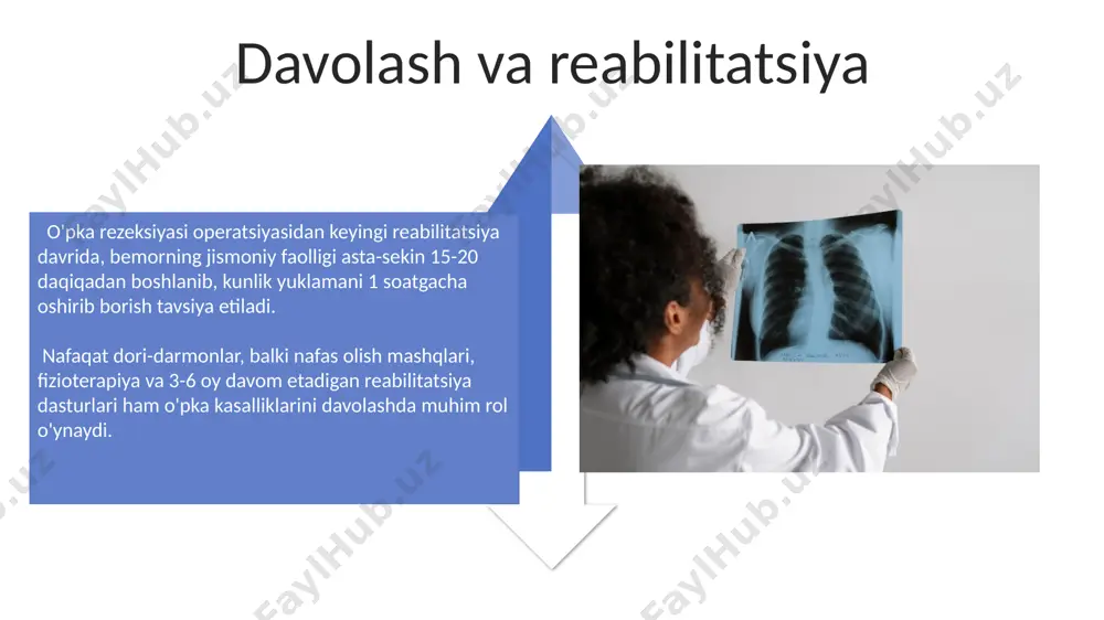 ishda 85% dan yuqori aniqlikni ta'minlaydi. jismoniy tekshirish: tashqi ko'rinishi nafas olish tezligini aniqlashda, normal holatda daqiqada 12-20 nafas olish kuzatiladi, tezlashgan yoki sekinlashgan nafas olish patologiyalarni ko'rsatishi mumkin. ko'krak qafasi shakli va harakatini baholashda, asimetriya, qo'shimcha muskullar ishtiroki yoki nafas olishning cheklanganligi kabi anomaliyalar aniqlanishi mumkin. qo'shimcha tekshiruv usullari: magnit-rezonans tomografiyasi (mrt) mrt yordamida o'pka va traxeyaning anatomik tuzilmalarini 3d tasvirini yuqori aniqlikda (1 mm gacha) olish mumkin, bu kichik o'smalarni aniqlashga yordam beradi. o'pka mrt tekshiruvi nafas olish tizimining turli kasalliklari, shu jumladan, 5 mm dan kichik tugunlarni, o'smalarni va yallig'lanish jarayonlarini aniqlash imkonini beradi. qo'shimcha tekshiruv usullari: rentgenografiya rentgenologik tekshiruv natijalari shifokor tomonidan talqin qilinib, boshqa diagnostika usullari bilan birgalikda qo'llaniladi, bu esa kasallikning aniq diagnostikasini 90% ga oshirishi mumkin. ko'krak qafasi rentgenogrammasi yordamida o'pka to'qimalarining zichligi o'zgarishini, 5 mm dan katta o'choqlarni, suyuqlik to'planishini va diafragmaning holatini aniqlash mumkin. prognoz va oldini olish surunkali obstruksiv o'pka …