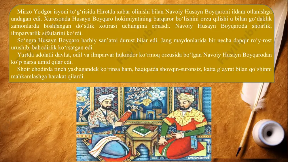 affaq bo‘lsalar ham, lekin butun holda jangning oqibati bu yerda halnbo‘lmadi. mirzo yodgorning o‘ng va so‘l qanotlari qattiq shikast yeb,nbutunlay bebosh-betartib qochishga yuz tutgan edi. bu hodisa turkmanlarning ruhini tushirdi. ular endi dushmanga yopishish emas, o‘zlarini qirg‘in ichidan mumkin qadar tez olib qochishga tirisha boshladilar. boyqaroning zafar g‘ururi bilan ruhlangan yigitlari dushmanni yanchib, dahshatli suron bilan uni ta’qib etdilar. nafasni bo‘g‘adigan, ko‘zlarni ko‘r qiladigan chang-to‘zon buluti havoni tutdi. husayn boyqaro lashkari mirzo yodgorning parokanda yigitlarini bir necha farsang masofagacha shiddatli quvib, kechga tomon har xil o‘ljalar, asirlar bilan qaytdi. shoir tevaragini shirim qorovul boshliq maxsus posbonlar qo‘riqlagan hashamatli ipak chodirga kirdi. zarrin to‘shakda o‘tirgan husayn boyqaroga ko‘zi tushishi bilan uning vaziyatini allanechuk boshqacha sezib, hayratlandi-da, rasmiy ta’zimdan so‘ng, podshohning ishorati bilan unga yaqin o‘tirdi. e’timodli1 beklar, vazirlar yo‘q. muqovasi ajoyib, go‘zal yangi bir kitobni tizzasiga qo‘yib, shoir hasanali jaloyir o‘tirardi. har xil bahona bilan podshoh qoshiga kirishga, u bilan suhbatlashishga …
