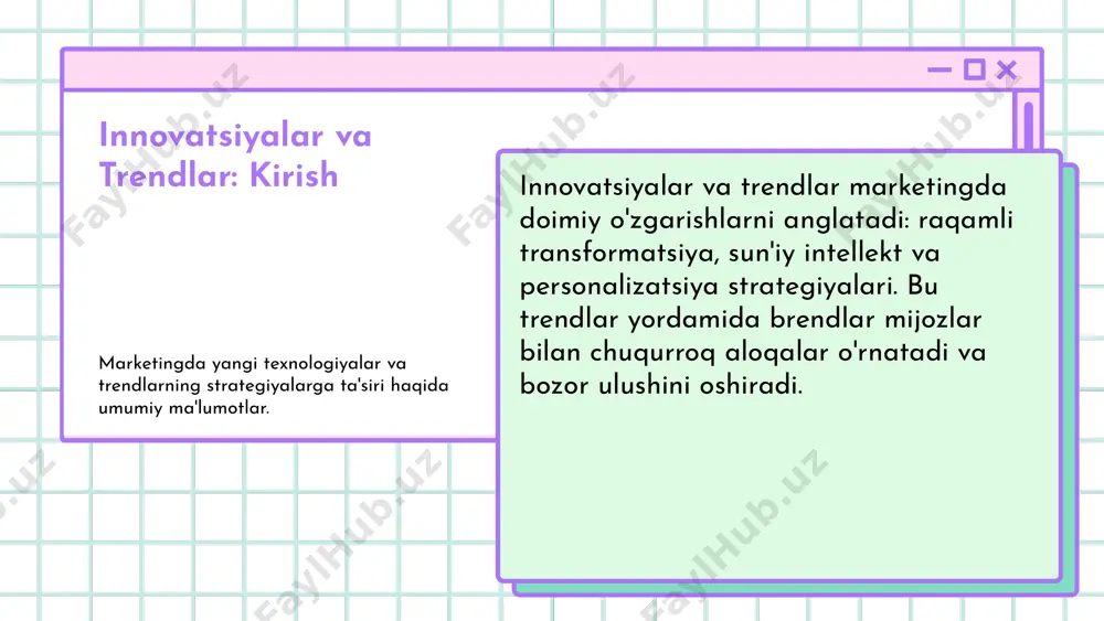 haqiqat texnologiyalari mahsulotlarni virtual muhitda sinab ko'rish va interaktiv reklama qilish imkoniyatlarini yaratadi. bu texnologiyalar mijozlar bilan bog'lanishni kuchaytiradi va innovatsion marketing usullarini kengaytiradi. innovatsion marketing usullari raqamli davrda muvaffaqiyat uchun muhim. personalizatsiya, ma'lumotlar tahlili, sun'iy intellekt va kengaytirilgan haqiqat kabi texnologiyalar yordamida mijozlar bilan samarali aloqa o'rnatiladi. innovatsion marketing usullari photo by oğuzhan edman on unsplash ma'lumotlar tahlili va raqamli marketing ma'lumotlar tahlili roli raqamli marketingda qo'llanilishi qaror qabul qilish jarayoni ma'lumotlar tahlili — marketing strategiyalarini shakllantirishda asosiy vosita bo'lib, mijozlarning xulq-atvori va ehtiyojlarini aniqlashga yordam beradi. raqamli marketingda, ma'lumotlar asosida segmentatsiya, shaxsiylashtirish va kampaniyalarni optimallashtirish uchun keng qo'llaniladi. masalan, google analytics va social media platformalaridan olingan ma'lumotlar. qaror qabul qilishda, statistik va analitik vositalar yordamida real vaqt ma'lumotlari tahlil qilinadi, bu esa marketing kampaniyalarining samaradorligini oshiradi. ijtimoiy tarmoqlarda marketing innovatsiyalari yangi strategiyalar va innovatsiyalar texnologiyalardagi rivojlanishlar, instagram va tiktokda interaktiv reklama va innovatsion yondashuvlar. influencer marketing, chatbots va …