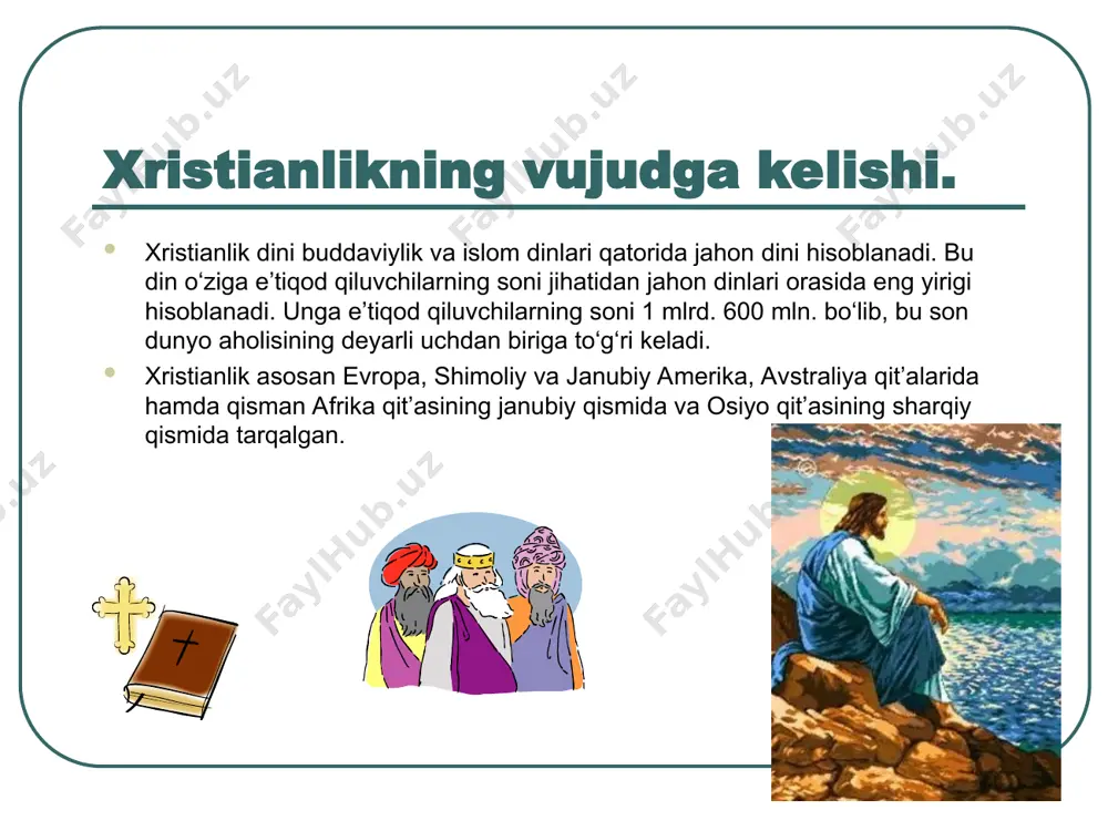 bo‘lgan. xurosonliklar va sug‘diyonaliklar zardushtiylar, monaviylar, buddaviylar, bilan bir qatorda xristianlar ham bo‘lgan. adabiyotlar:injil. stokgolьm: bibliyani tarjima qilish instituti, 1992. apokrifы drevnix xristian: issledovanie, tekstы, kommentarii. m., 1989. artemьev a.i. svideteli iegovы kazaxstana i sredney azii: istoriko-religiovedcheskiy analiz. almatы, 2002. bibleyskaya entsiklopediya. m., 1991. bulgakov s.n. pravoslavie. m., 1991. gergey ye. istoriya papstva. m., 1996.