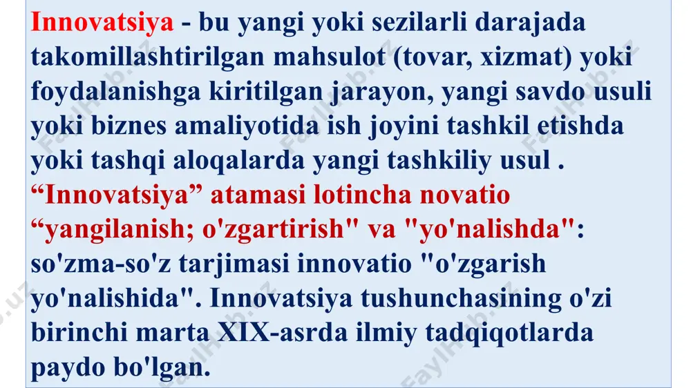 (biror narsaga o‘rgatish usullari), formulalar (shartli belgilar bilan ifodalangan matematik miqdorlar), texnik ma’lumotlar va h.k. tanishtiriladi. eksporter bu ma’lumotlarni yetkazib beradi, importer esa qabul qilib oladi. innovatsiya (ing . innovationas — kiritilgan yangilik, ixtiro) — texnika va texnologiya avlodlarini almashtirishni taʼminlash uchun iqtisodiyotga sarflangan mablagʻlar; ilmiy-texnika yutuqlari va ilgʻor tajribalarga asoslangan texnika, texnologiya, boshqarish va mehnatni tashkil etish kabi sohalardagi yangiliklar, shuningdek, ularning turli sohalar va faoliyat doiralarida qoʻllanilishi. lizing – mashina, asbob-uskuna, transport vositalari, ishlab chiqarish inshootlarini uzoq muddatli ijaraga olish; uzoq muddat foydalaniladigan tovarlar eksportini kreditlash shakllaridan biri. lizingning asosan moliyaviy va oddiy turi mavjud. moliyaviy lizing muayyan muddatda ijaraga beruvchining kapital xarajatlarini to‘liq qoplashga yetarli to‘lovlardan iborat bo‘lib, mulk egasiga bir miqdor foyda ham beradi. oddiy lizing – ijara davrida ijaraga olingan mulk qisman amortizatsiyalanadi. lizing kompaniyasi asbob-uskunalar sotib olib, ularni ijarachi firmaga odatda bir yildan 10-15 yilgacha ijaraga beradi. lizingda ijarachining shartnoma muddati tugagandan so‘ng asbob-uskunalarni …