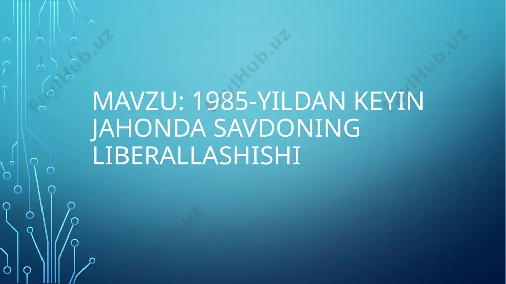 savdosini liberallashtirishda muhim bosqich bo‘ldi. bu muzokaralar 1994-yilda yakunlanib, 1995-yilda **jahon savdo tashkiloti (jst)**ning tashkil etilishiga zamin yaratdi. urugvay raundi davomida tovarlar va xizmatlar savdosidagi cheklovlar bosqichma-bosqich qisqartirildi, qishloq xo‘jaligi subsidiyalari, intellektual mulk huquqlari va xizmatlar bozoriga oid kelishuvlar ishlab chiqildi. natijada, jahon savdosi bir tizimga solindi va davlatlar o‘rtasida erkin raqobat muhiti shakllandi. jahon savdo tashkiloti (jst)ning roli 1995-yilda tashkil topgan jst savdoning liberallashuvini nazorat qiluvchi eng muhim global institutga aylandi. jstning asosiy vazifasi – savdo to‘siqlarini kamaytirish, adolatli raqobatni ta’minlash, savdo nizolarini hal qilish va xalqaro savdoda yagona qoidalarni joriy etishdir. bugungi kunda jstga 160 dan ortiq davlat a’zo bo‘lib, ular jahon savdosining 95 foizdan ortig‘ini amalga oshiradi. jst faoliyati tufayli ko‘plab davlatlar jahon bozoriga integratsiyalashdi va global savdo hajmi misli ko‘rilmagan darajada oshdi. tarif va notarif to‘siqlarning kamayishi 1985-yildan keyin savdoning liberallashuvi jarayonida bojxona tariflari keskin kamaytirildi. masalan, rivojlangan mamlakatlarda o‘rtacha import tariflari 1980-yillarda 10% atrofida bo‘lgan …