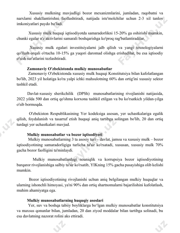 rali boshqarishga ko'proq rag'batlantiradilar. xususiy mulk egalari investitsiyalarni jalb qilish va yangi texnologiyalarni qo'llash orqali o'rtacha 10-15% ga yuqori daromad olishga erishadilar, bu esa iqtisodiy o'sish sur'atlarini tezlashtiradi. zamonaviy o'zbekistonda mulkiy munosabatlar zamonaviy o'zbekistonda xususiy mulk huquqi konstitutsiya bilan kafolatlangan bo'lib, 2023 yil holatiga ko'ra yalpi ichki mahsulotning 60% dan ortig'ini xususiy sektor tashkil etadi. davlat-xususiy sherikchilik (dpsh) munosabatlarining rivojlanishi natijasida, 2022 yilda 500 dan ortiq qo'shma korxona tashkil etilgan va bu ko'rsatkich yildan-yilga o'sib bormoqda. o'zbekiston respublikasining yer kodeksiga asosan, yer uchastkalariga egalik qilish, foydalanish va tasarruf etish huquqi aniq tartibga solingan bo'lib, 20 dan ortiq turdagi yer uchastkalari mavjud. mulkiy munosabatlar va bozor iqtisodiyoti mulkiy munosabatlarning 3 ta asosiy turi – davlat, jamoa va xususiy mulk – bozor iqtisodiyotining samaradorligiga turlicha ta'sir ko'rsatadi, xususan, xususiy mulk 70% gacha bozor faolligini ta'minlaydi. mulkiy munosabatlardagi noaniqlik va korrupsiya bozor iqtisodiyotining barqaror rivojlanishiga salbiy ta'sir ko'rsatib, yikning 15% gacha pasayishiga olib …