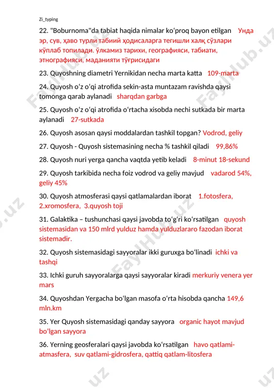 echi sutkada bir marta aylanadi 27-sutkada 26. quyosh asosan qaysi moddalardan tashkil topgan? vodrod, geliy 27. quyosh - quyosh sistemasining necha % tashkil qiladi 99,86% 28. quyosh nuri yerga qancha vaqtda yetib keladi 8-minut 18-sekund 29. quyosh tarkibida necha foiz vodrod va geliy mavjud vadarod 54%, geliy 45% 30. quyosh atmosferasi qaysi qatlamalardan iborat 1.fotosfera, 2.xromosfera, 3.quyosh toji 31. galaktika – tushunchasi qaysi javobda to‘g‘ri ko‘rsatilgan quyosh sistemasidan va 150 mlrd yulduz hamda yulduzlararo fazodan iborat sistemadir. 32. quyosh sistemasidagi sayyoralar ikki guruxga bo‘linadi ichki va tashqi 33. ichki guruh sayyoralarga qaysi sayyoralar kiradi merkuriy venera yer mars 34. quyoshdan yergacha bo‘lgan masofa o‘rta hisobda qancha 149,6 mln.km 35. yer quyosh sistemasidagi qanday sayyora organic hayot mavjud bo’lgan sayyora 36. yerning geosferalari qaysi javobda ko‘rsatilgan havo qatlami-atmasfera, suv qatlami-gidrosfera, qattiq qatlam-litosfera 37. biosfera yerning qanday qobig‘i hayot qobigi 38. quyosh markazida tempuratura necha darajada bo‘ladi 20mln 39. «tabiatshunoslik» fani rivojlanishi …