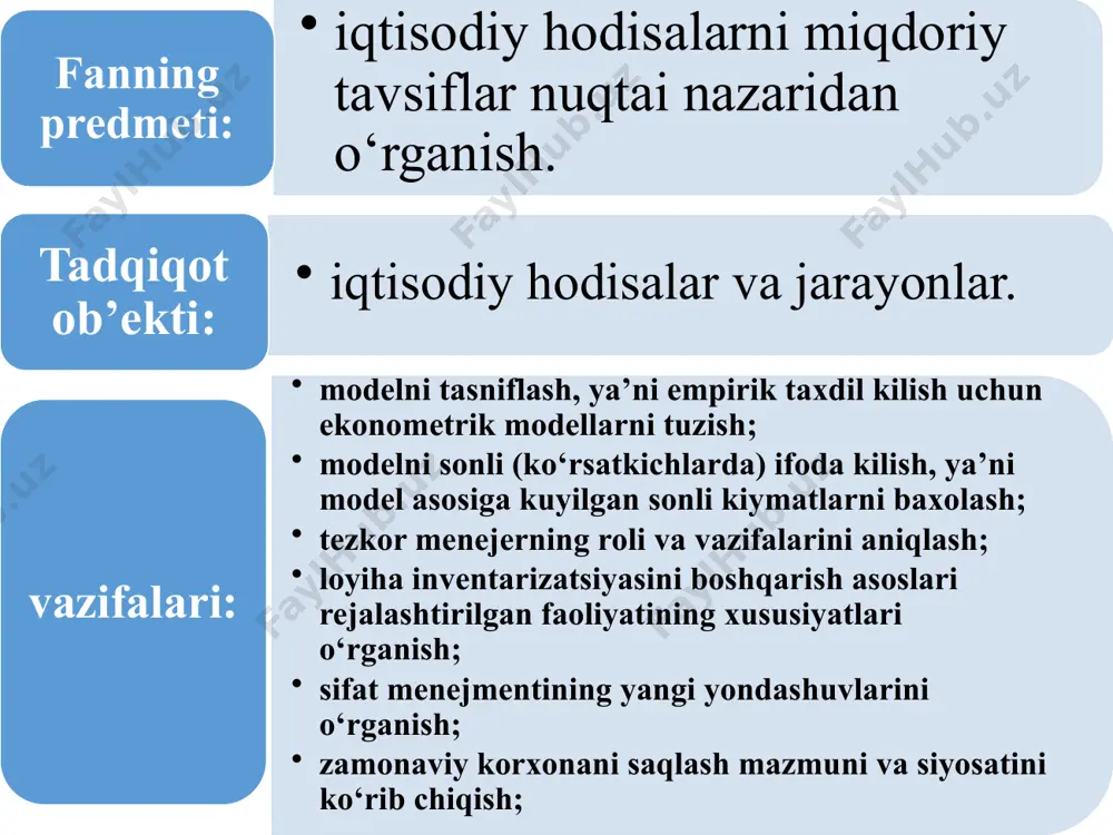 ki davriga tegishlidir. dinamik modellar iqtisodiy jarayonlarning vaqt bo’yicha o’zgarishini tavsiflaydi. iqtisodiy jarayonlarning modellari matematik bog'lanishlarning shakli bo’yicha quyidagi turlarga ajratiladi: chiziqli modellar chiziqli bo’lmagan. iqtisodiyot modellari fazoviy omillar va shartlarni o’z ichiga olishiga qarab fazoviy va nuqtaviy modellar farqlanadi. matematik iqtisodiyot — iqtisodiy fanning iqtisodiy jarayonlar matematik modellarining xossalari va echimlarini tahlil qilish bilan shug’ullanadigan bo’limidir. matematik iqtisodiyotda tayinli formal asoslar (chiziqlilik, qavariqlik, monotonlik va shu kabi bog’liqliklar, kattaliklar o’zaro bog’liqligining konkret formulalari)ga asoslangan nazariy modellar tadqiq qilinadi. matematik iqtisodiyotning vazifasi model echimining mavjudligi, uning nomanfiyligi, statsionarligi shartlari, boshqa xossalarning bog’ligi haqidagi muammoni o’rganishdir. ekonometrika - iqtisodiyotdagi miqdoriy qonuniyatlar va o’zaro bog`liqliklarni matematik statistika usullari yordamida tadqiq qiluvchi fan. bu usullarning asosi - korrelyatsiyaviy-regressiyaviy tahlil. ekonometrika empirik ma’lumotlarni o’rganish asosida iqtisodiy bog'liqliklar va modellarni statistik baholash va tahlil qilish bilan shug'ullanadi. iqtisodiy o'lchash - tom ma'noda ekonometriyani anglatadi. ekonometrik modellashtirishning bosqichlari: iqtisodiy muammoning qo’yilishi va uni sifat jihatdan tahlil …