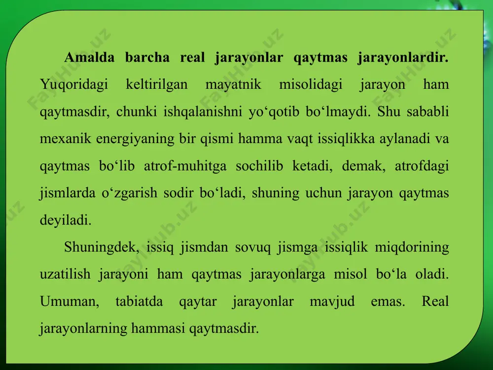 qlik miqdori ishga to‘la aylanmay, uning bir qismi atrof-muhitni qizdirishga sarfl anadi. shu nuqtayi nazardan ikkinchi qonunning plankning quyidagi ta’rifi ham e’tiborga molik: tabiatda issiqlik miqdori to‘laligicha ishga aylanadigan jarayon bo‘lishi mumkin emas. issiqlik ishga aylanishi uchun isitkich va sovitkich bo‘lishi kerak. barcha issiqlik mashinalarida isitkichdan sovitkichga beriladigan energiyaning bir qismigina foydali ishga aylanadi. unda issiqlik mashinalarining fik qanday kattaliklarga bog‘liq va uni oshirish uchun nima qilmoq kerak degan savol tug‘iladi. bu savolga termodinamikaning ikkinchi qonunning karno ta’rifi javob beradi: ideal issiqlik mashinasining foydali ish koeffi tsiyenti issiqlik beruvchi va issiqlik oluvchilarning temperaturalari farqi bilangina aniqlanadi. termodinamika qonunlari amalda qanday issiqlik mashinalari yasash mumkinligi va ularning fikni orttirish uchun nimalarga e’tibor berish zarurligi haqida yo‘llanma beradi. ikkinchi tur “perpetuum mobile”. ikkinchi tur “perpetuum mobile”okean suvlaridagi ulkan miqdordagi energiyadan ish bajarmasdan foydalanish mumkin degan g‘oyaga asoslangan. termodinamikaning ikkinchi qonuni esa issiqlik miqdori faqat issiq jismdan sovuq jismga o‘z-o‘zidan o‘tishi mumkin, teskarisi …