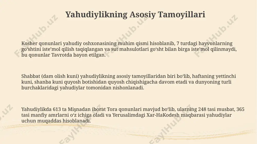 кил топган жамоат маркази ҳисобланади. синагогадаги тора ёзувларини ўқиш ва талқин қилиш, шаббот (шанба) куни махсус ибодатлар ва 1000 йиллар давомида ўзгариб келган турли байрамларни нишонлаш каби муҳим диний маросимлар амалга оширилади. shabbat va uning ahamiyati shabbatni nishonlashning asosiy jihatlaridan biri – 39 ta taqiqlangan ishdan saqlanish, bu odamlarga dam olish va ma'naviy jihatlarga e'tibor qaratishga yordam beradi, shu bilan birga oilaviy va jamoaviy birlikni mustahkamlaydi. shabbat, yahudiy taqvimining 7 kunidan biri boʻlib, juma kuni quyosh botgandan shanba kuni quyosh botguncha davom etadi va dunyo boʻylab, masalan, isroil va aqshdagi yahudiy jamoalari tomonidan 25 asrdan ortiq vaqt davomida nishonlanadi. shabbat ovqatlari, masalan, challah noni va shabbat shamida yonib turgan 2 ta sham, oilaning va jamiyatning birligiga va yahudiy an'analariga sodiqligiga ishora qiladi. halakha: din qonunlari ҳалаханинг талқини ва амалиёти асрлар давомида турли хил ҳақиқий ҳаёт вазиятларига мослаштирилиб, баъзи ҳолларда 4 та раъй мактабларининг таълимотларига таянади. баъзи ҳалаха қоидалари мисол учун, …