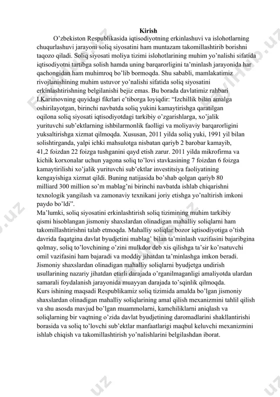 h davrida faqatgina davlat byudjetini mablag’ bilan ta’minlash vazifasini bajaribgina qolmay, soliq to’lovchining o’zini mulkdor deb xis qilishga ta’sir ko’rsatuvchi omil vazifasini ham bajaradi va moddiy jihatdan ta’minlashga imkon beradi. jismoniy shaxslardan olinadigan mahalliy soliqlarni byudjetga undirish usullarining nazariy jihatdan etarli darajada o’rganilmaganligi amaliyotda ulardan samarali foydalanish jarayonida muayyan darajada to’sqinlik qilmoqda. kurs ishining maqsadi respublikamiz soliq tizimida amalda bo’lgan jismoniy shaxslardan olinadigan mahalliy soliqlarining amal qilish mexanizmini tahlil qilish va shu asosda mavjud bo’lgan muammolarni, kamchiliklarni aniqlash va soliqlarning bir vaqtning o’zida davlat byudjetining daromadlarini shakllantirishi borasida va soliq to’lovchi sub’ektlar manfaatlarigi maqbul keluvchi mexanizmini ishlab chiqish va takomillashtirish yo’nalishlarini belgilashdan iborat. mavzu: o’zbekiston respublikasida byudjet va soliq siyosati. mundarija: i. kirish ii. asosiy qism 1. o’zbekistonrespublikasidavlatbyudjetidaromadlarinihakllantirishningnazariyvatashkiliy-huquqiyasoslari. 2. davlat byudjeti daromadlarini shakllantirishda soliq turlaridan foydalanishning hozirgi holati tahlili 3. jismoniy shaxslardan mahalliy soliqlarni undirishning xorijiy davlatlar tajribasi. 4. o‘zbekiston respublikasining soliq siyosatini takomillashtirish konsepsiyasi to‘g‘risida. iii. xulosa iv. foydalanilgan …