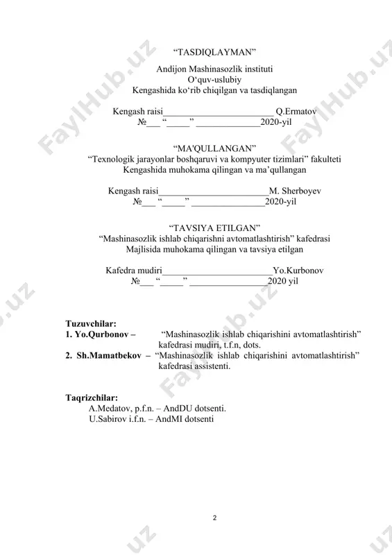 g‘uloti............................................................................ 8. laboratoriya mashg‘uloti............................................................................ 9. laboratoriya mashg‘uloti............................................................................ 10. laboratoriya mashg‘uloti............................................................................ 11. laboratoriya mashg‘uloti............................................................................ 12. laboratoriya mashg‘uloti............................................................................ 13. laboratoriya mashg‘uloti............................................................................ 14. laboratoriya mashg‘uloti............................................................................ 15. laboratoriya mashg‘uloti............................................................................ 16. laboratoriya mashg‘uloti............................................................................ kirish mexatronika asoslari fanining maqsadi talabalarga zamonaviy mexatron tizimlar yaratish prinsiplarini o‘rgatish. mexatronikaning asosiy prinsipi – bu mashina yoki mexanizmlarning mexanika, elektronika va kompyuter elementlari asosida yagona modulga biriktirish prinsipidir. bu maqsadga erishish uchun quyidagi masalalar ko‘rib chiqiladi: · talabalarni mexatron tizimlarning mexanik xarakati prinsiplari bilan tanishtirish; · talabalarga xarakatning zamonaviy mexatron modullarini konstruksiya qilish usullarini o‘rgatish; · talabalarga avr rusumidagi mikrokontrollerlar yordamida mexatron modullarni boshqarish usullarini o‘rgatish; · talabalar boshqarish tizimlarini qurishda ijodiy fikrlashga o‘rgatish. fanni o‘rganish davomida talaba mikrokontrollerlardan foydalangan holda mexatron sistemalarni boshqarish malakasiga ega bo‘lishlari kerak. quyidagi elektron o‘quv qo‘llanma mexanik xarakatlarni boshqarishning asosi hisoblangan mikrokontrollerlarni dasturlash va