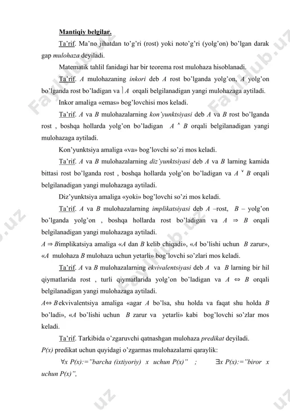 . ta’rif. a va b mulohazalarning implikatsiyasi deb a –rost, b – yolg’on bo’lganda yolg’on , boshqa hollarda rost bo’ladigan va a ( b orqali belgilanadigan yangi mulohazaga aytiladi. a ( b implikatsiya amaliga «a dan b kelib chiqadi», «a bo’lishi uchun b zarur», «a mulohaza b mulohaza uchun yetarli» bog’lovchi so’zlari mos keladi. ta’rif. a va b mulohazalarning ekvivalentsiyasi deb a va b larning bir hil qiymatlarida rost , turli qiymatlarida yolg’on bo’ladigan va a ( b orqali belgilanadigan yangi mulohazaga aytiladi. a( b ekvivalentsiya amaliga «agar a bo’lsa, shu holda va faqat shu holda b bo’ladi», «a bo’lishi uchun b zarur va yetarli» kabi bog’lovchi so’zlar mos keladi. ta’rif. tarkibida o’zgaruvchi qatnashgan mulohaza predikat deyiladi. p(x) predikat uchun quyidagi o’zgarmas mulohazalarni qaraylik: (x p(x):=”barcha (ixtiyoriy) x uchun p(x)” ; (x p(x):=”biror x uchun p(x)”, bu yerda ( va ( belgilar mos ravishda umumiylik va mavjudlik kvantorlari deyiladi. ravshanki, …