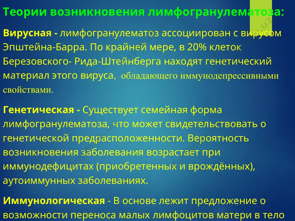 тического узла, а затем, прогрессируя, вытесняет нормальную ткань узла и стирает его рисунок. гистологической особенностью лимфогранулемы являются гигантские клетки березовского-штернберга. это крупные клетки диаметром 25 мкм и больше (до 80мкм), содержащие 2 и более овальных или круглых ядра. ядра часто располагаются рядом, создавая впечатление зеркального изображения. хроматин ядер нежный, расположен равномерно, ядрышко крупное, четкое, в большинстве случаев эозинофильное. распространение лгм в организме. лимфогенный путь распространения (теория смежного распространения). гематогенный путь распространения. метастазирование в этом случае происходит в органы с развитой капиллярной сетью: кости, печень, легкие. альтернативой этим теориям распространения может служить теория d. w. smithers, (1973 год). автор полагает, что клетки березовского-штернберга могут двигаться как внутри, так и вне сосудов, давая начало новым дочерним узлам в местах "восприимчивых" к клеткам. лимфогистиоцитарный; лимфоцитарное преобладание. характеризуется выраженной пролиферацией, эозинофильные гранулоциты и плазматические клетки встречаются редко, клетки березовского-штернберга встречаются непостоянно, очаги некроза и фиброза отсутствуют. нодулярный склероз. характеризуется развитием своеобразных грубоволокнистых кольцевидных прослоек …