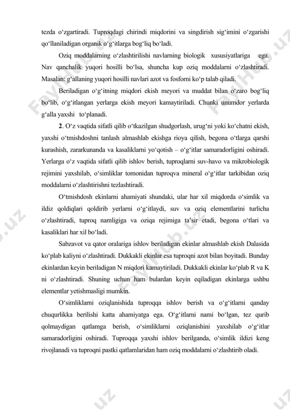 mashlab ekish dalasida ko‘plab kaliyni o‘zlashtiradi. dukkakli ekinlar esa tuproqni azot bilan boyitadi. bunday ekinlardan keyin beriladigan n miqdori kamaytiriladi. dukkakli ekinlar ko‘plab r va k ni o‘zlashtiradi. shuning uchun ham bulardan keyin eqiladigan ekinlarga ushbu elementlar yetishmasligi mumkin. o‘simliklarni oziqlanishida tuproqqa ishlov berish va o‘g‘itlarni qanday chuqurlikka berilishi katta ahamiyatga ega. o‘g‘itlarni nami bo‘lgan, tez qurib qolmaydigan qatlamga berish, o‘simliklarni oziqlanishini yaxshilab o‘g‘itlar samaradorligini oshiradi. tuproqqa yaxshi ishlov berilganda, o‘simlik ildizi keng rivojlanadi va tuproqni pastki qatlamlaridan ham oziq moddalarni o‘zlashtirib oladi. ba’zi bir elementlarni o‘simlikdagi ahamiyati navning biologik xususiyatiga bog‘liq bo‘ladi. hosildor navlar ko‘plab o‘g‘itnormasini talab etadi. m. hozirgi hosildor donli ekinlar uchun yuqori miqdordagi n li va p li oziqlanish zarur. ho‘llaniladigan o‘g‘itlar miqdori, eqiladigan urug‘ normasi va ekish vaqti bilan bog‘liq bo‘lishi kerak. yaxshi o‘g‘itlangan yerlarda urug‘ miqdori kamaytiriladi va aksincha. sug‘oriladigan yerlarda sug‘orish rejimiga rioya qilish kerak. sug‘orishda o‘g‘itlar samaradorligi 1,5-2 marta, ayniqsa, azotli o‘g‘itlar …