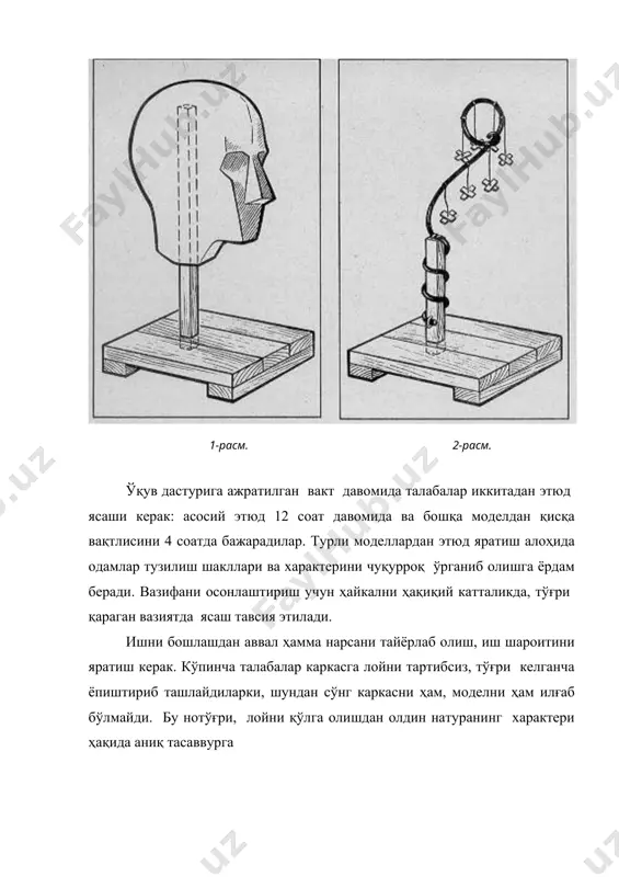 омони плинтнинг олд томон текислигига тўғри олинади. бу босқич бошнинг умумий ҳажмини яратиш босқичидир. тажрибали ҳайкалтарошлар ҳақиқий катталикдаги портрет устида ишлаганларида ҳаво ва фазони ҳам ҳисобга олиб уни бир оз каттароқ ясайдилар, яъни асл катталигидан 1,25 миқдорда. шунда уни 3-4 метр масофадан кузатганда ҳайкал асл катталигида ясалгандек таассурот уйғотади. бошни ясаш бошланганда бўйин узунлиги юз узунлиги билан бир хилда бўлади, яъни даҳандан бурун бошланиш юқори нуқтасигача масофа олиниб бу бутун бошнинг баландлиги ярмини ташкил этади. ишнинг кейинги босқичи- бошнинг тахминий геометрик шаклини яратишдир, яъни асосий кўринишлари ва нисбатларини. шунингдек модель хусусиятларини кўрсатувчи бошнинг тахминий шакли 4да ясалади. бу босқични шаклнинг кўринишини ҳосил қилиш деб аташ мумкин. вазифани талаба қанчалик яхши бажара олса, ишнинг ҳаққоний чиқишига асос солинган бўлади. шаклни ҳосил қилишда талабадан бошнинг тузилишини ҳисобга олишганини тақазо этади. бу босқичнинг қийин томони шундан иборатки, илгари ўрганилган юзнинг ўн тўрт кўриниши билан бошни кесиб кўрсатилиши бўлимлари билимларига таяниб талабанинг иш юритишидир. …