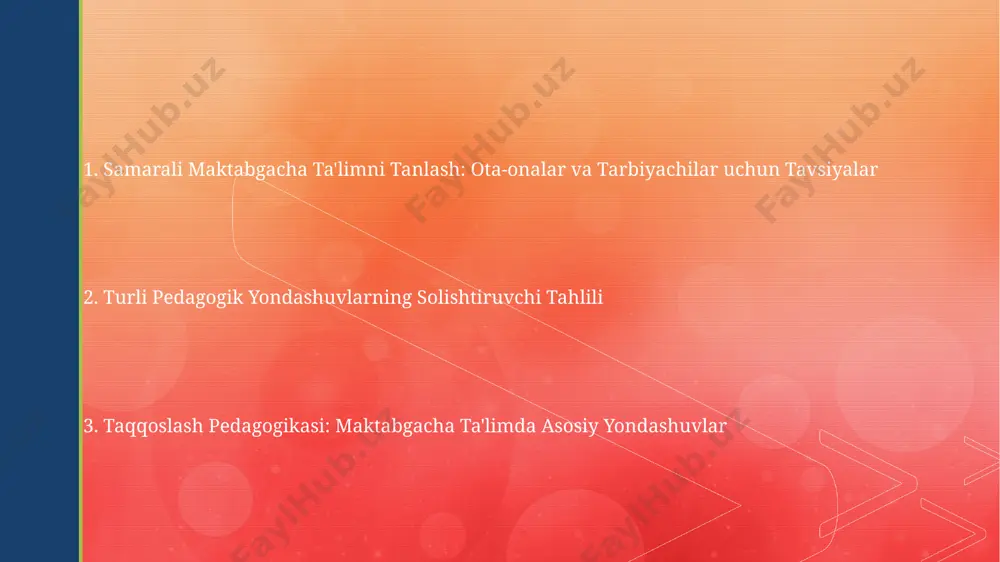ing 50% dan ko'prog'i faol ishtirok etadi va jamoaviy ishga odatlanadi, an'anaviy usullar esa individual ishlashga ko'proq moyil. an'anaviy usullar nazariy bilimlarni 70% ga yaqinroq ta'minlaydi, loyiha uslubi esa amaliy ko'nikmalarni va muammolarni hal qilish strategiyasini rivojlantirishga 30% ko'proq urg'u beradi. baholovchi va rivojlantiruvchi baholash tizimlarini taqqoslash rivojlantiruvchi baholash, bolaning kuchli va kuchsiz tomonlarini aniqlashga yordam beradi va o'qituvchilarga individual yondashuv va o'quv jarayonini 20% ga yaxshilashga imkon beradigan ta'lim dasturini moslashtirishga imkon beradi. baholovchi tizim, asosan, standartlashtirilgan testlar va baholarga asoslangan bo'lib, bolaning bilim va ko'nikmalarini 10 balldan 5 ballgacha bo'lgan shkalada baholaydi, rivojlanishni kuzatishga qaraganda natijalarga ko'proq e'tibor qaratadi. kelajakdagi istiqbollar va tavsiyalar maktabgacha ta'limda qo'llaniladigan 3-5 ta turli pedagogik yondashuvlarni birlashtiruvchi integrativ dasturlarni ishlab chiqish va joriy etish orqali ta'lim sifatini sezilarli darajada oshirish mumkin. ta'lim jarayoniga ilg'or texnologiyalarni, jumladan, interaktiv o'quv vositalarini va onlayn platformalarni joriy etish orqali 5 yil ichida maktabgacha ta'limning raqobatbardoshligini 15% ga …