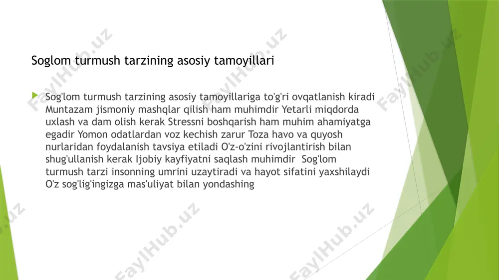 dan muntazam o'tish kerak kasalliklarning oldini olish choralarini ko'rish kerak valeologiya kattalar sog'lig'ini saqlashda muhim rol o'ynaydi sog'lom kattalar - faol va baxtli hayot valeologiya va kattalar zamonaviy valeologiya yangi texnologiyalar va usullarni qo'llaydi genetika va molekulyar biologiya yutuqlaridan foydalaniladi kompyuter texnologiyalari va sun'iy intellekt qo'llaniladi yangi dori-darmonlar va davolash usullari ishlab chiqiladi sog'lom turmush tarzini targ'ib qilish bo'yicha yangi dasturlar ishlab chiqiladi valeologiya doimiy ravishda rivojlanib bormoqda zamonaviy valeologiya sog'liqni saqlashni yaxshilashga yordam beradi sog'lom kelajak uchun yangi imkoniyatlar yaratiladi zamonaviy valeologiya yutuqlari valeologiyaning istiqbollari juda kengdir yangi kasalliklarning oldini olish usullari topiladi davolash usullari takomillashtiriladi inson umrini uzaytirishga qaratilgan tadqiqotlar olib boriladi sog'lom turmush tarzini targ'ib qilish yanada kuchayadi valeologiya fanining ahamiyati ortib boradi sog'liqni saqlash tizimi takomillashtiriladi valeologiya insoniyat kelajagi uchun muhim ahamiyatga egadir sog'lom jamiyat yaratish uchun harakat qilamiz valeologiyaning istiqbollari ekologik muhit inson sog'lig'iga ta'sir qiladi ifloslangan havo va suv kasalliklarga olib kelishi mumkin ekologik …