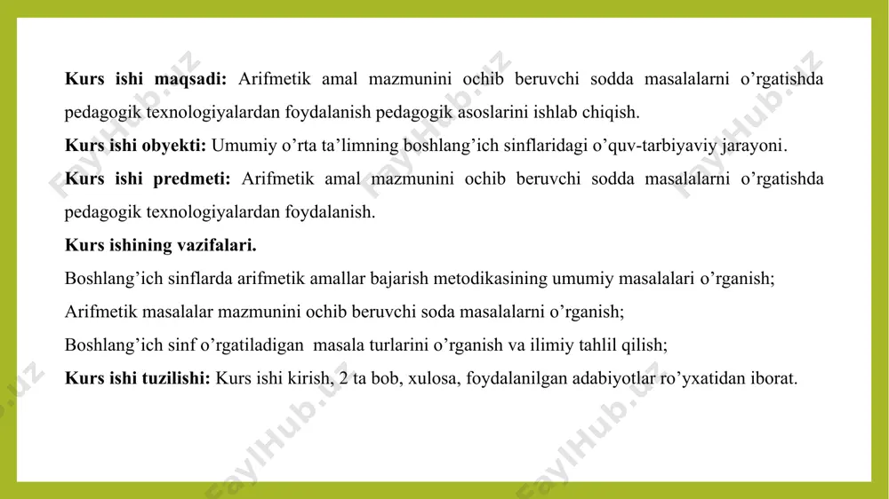 vsiflaydi. ta’lim texnologiyasi –ta’lim maqsadiga erishish jarayonining umumiy mazmuni,ya’ni,avvaldan loyihalashtirilgan ta’lim jarayonini yaxlit tizim asosida, bosqichma –bosqich amalga oshirish,aniq maqsadga erishish yo’lida muayyan metod,usul va vositalar tizimini ishlab chiqish, ulardan samarali, unumli foydalanish hamda ta’lim jarayonini yuqori darajada boshqarishni ifodalaydi. 1.2. arifmetik amallarni o’rgatishda amallar bajarish metodikasining umumiy masalalari interfaol metod - ta’lim jarayonida o’quvchilar hamda o’qituvchi o’rtasidadagi faollikni oshirish orqali o’quvchilarning bilimlarni o’zlashtirishini faollashtirish, shaxsiy sifatlarini rivojlantirishga xizmat qiladi. interfaol metodlarni qo’llash dars samaradorligini oshirishga yordam beradi. interfaol ta’limning asosiy mezonlari: norasmiy bahs – munozaralar o’tkazish, o’quv materialini erkin bayon etish va ifodalash imkoniyati,o’quvchilar tashabbus ko’rsatishlariga imkoniyatlar yaratilishi, kichik guruh, sinf jamoasi bo’lib ishlash uchun topshiriqlar berish va boshqa metodlardan iborat bo’lib, ular ta’lim – tarbiyaviy ishlar samaradorligini oshirishda o’ziga xos ahamiyatga ega. hozirda ta’lim metodlarini takomillashtirish sohasidagi asosiy yo’nalishlardan biri interfaol ta’lim va tarbiya usullarini joriy qilishdan iboratdir. barcha fan o’qituvchilari shu jumladan boshlang’ich sinf o’qituvchilari ham dars …