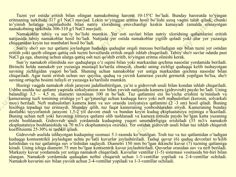 kameraning bunday dastlabki tayyorlanish jarayoni 1,5-2 yil davom etadi va bundan keyin kuduq ekspluatatsiya rejimiga oʼtkaziladi. buning uchun neft yoki havoning ximoya qatlami olib tashlanadi va kamera tomida paydo boʼlgan katta yuzaning erishi boshlanadi. gidrovrub usuli yordamida kuduqning yuqori unumdorligiga erishiladi (35 m3/s namakob ekspluatatsiya boshlanishida va 70 m3/s ekspluatatsiya oxirida). yer ostidan gidrovub usuli bilan tuz ishlab chiqarish koeffitsienta 25-30% ni tashkil qiladi. gidrovrub usulida ishlayotgan kuduqning sxemasi 5.1-rasmda koʼrsatilgan. tosh tuz va tuz qatlamidan oʼtadigan kuduqqa kontsentrikli joylashgan uchta poʼlatli kuvurlar joylashtiriladi. tashqi quvur (6) quduq devorlari toʼkilib ketishidan va tuz qatlamiga suv oʼtishidan saqlaydi. diametri 150 mm boʼlgan ikkinchi kuvur (7) tuzning qatlamiga kiradi. uning ichiga diametri 75 mm boʼlgan kontsentrik kuvur joylashtiriladi. quvurlar orasidan suv va neft beriladi. markaziy kuvur yordamida yer ustiga namakob chiqariladi. kuvurlar ventillar (1-5) sistemasi vositasida bir-biri bilan ulangan. namakob yordamida quduqdan neftni chiqarish uchun 1-3-ventillar yopiladi va 2-4-ventillar ochiladi. namakob kuvurini …