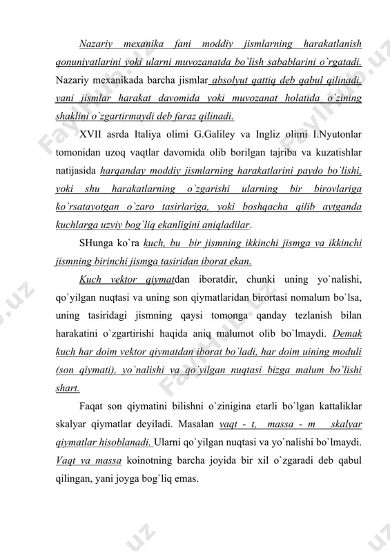 ilida vektorning moduli deb ataladi. agar bir vaqtni o`zida bir jismga bir nechta kuchlar tasir etsa, ularni kuchlar sistemasi deb ataladi. nazariy mexanikada jismlarning ikki xil holatlari o`rganiladi. birinchi navbatda moddiy nuqta yoki qattiq jismlarning harakatsiz (birorta sanoq sisttemasiga nisbatan harakatsiz) yoki muvozanat holatlari o`rganiladi. bunday masalalarni statik masalalar deyiladi. agar moddiy nuqta yoki qattiq jism harakatda bo`lsa uning harakatining qonuniyatini o`rganuvchi qism dinamika qismi deb ataladi. statika qismini o`rganishni statika aksiomalaridan boshlanadi. aksioma degan so`z (grek) yunon tilidan olingan bo`lib, uning o`zbekchaga tarjimasi isbot talab qilinmaydigan oddiy haqiqat degan manoni anglatadi. ular uncha ko`p emas, biz faqat 4-ta aksiomaga asoslangan holda statika qismini o`rganamiz. 2. statika aksiomalari. 1-aksioma. yo`nalishlari qarama -qarshi, son qiymatlari o`zaro teng va tasir chiziqlari bir to`g`ri chiziq bo`ylab yotuvchi ikkita kuchlar sistemasi, o`zaro muvozanatlashuvchi kuchlar sistemasi deyiladi (2. shaklga qarang). 2. shakl. 2-aksioma. agar biror qattiq jism muvozanat holatida yoki qandaydir qonuniyat bilan harakat qilayotgan …