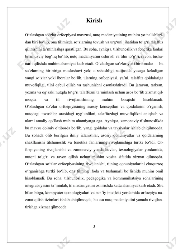 to‘g‘ri va tushunarli ifoda uchun asos bo‘ladi. o‘zbek tilida orfoepik qoidalarni ishlab chiqish va ularni qo‘llash, avvalo, har bir so‘zning tovush strukturasi va urg‘u joylashuviga asoslangan. bu qoidalar tilning qonuniyatlarini ochib beradi va talaffuzda xatoliklarni oldini olish imkonini yaratadi. zamonaviy davrda, texnologiyalar va kompyuter yordamida orfoepiyaning nazorat qilish tizimlari joriy etilmoqda, bu esa nutqni avtomatik to‘g‘rilash va to‘g‘ri talaffuzni ta’minlashda muhim rol o‘ynaydi. oʻzlashgan soʻzlar orfoepiyasining muhim konseptlaridan biri — tovushlar orasidagi uyg‘unlik va talaffuzdagi muvofiqlikdir. bu, o‘z navbatida, so‘zlarni tushunarli va ravon qilish uchun zarur bo‘lib, nutq madaniyatini oshirishga xizmat qiladi. yana bir muhim nuqta — urg‘u va intonatsiya muvofiqligi. orfoepik qoidalar va ularning amaliy qo‘llanilishi, shuningdek, talaffuzdagi muvofiqlik, nutqning samarali va tushunarli bo‘lishiga yordam beradi. bu esa, o‘z navbatida, yozma nutq va muloqot jarayonlarida aniqlik va ravonlikni ta’minlaydi. shu bilan birga, orfoepiyaning rivojlanishi tilshunoslik va pedagogika sohalarining hamkorligida yuzaga kelgan. yangi qoidalar va tavsiyalar ishlab chiqilib, maktab va …