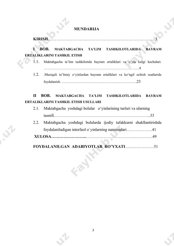 ish maktabgacha ta’limning nazariyasi hamda amaliyoti uchun dolzarb va ahamiyatli hisoblanadi. xix asrning o‘rtalaridan boshlab, nutq ontogenezi olimlarni qiziqtirib qoldi. k.d.ushinskiy bolalarni ona tilida o‘qitishning zarurligini asoslab, bolalarga ona tilini dastlabki o‘qitish metodikasini ishlab chiqar ekan, bolalar tilni o‘zlashtirishlarining til bilan tafakkurning o‘zaro munosabatlarini falsafiy jihatdan chuqur anglash, o‘z-o‘zini rivojlantirish va o‘qitishga asoslangan xususiyatlari va qonuniyatlari borasida o‘z fikrlarini bildirdi. natijada bolalar o`yinlarining paydo bo‘lishi va rivojlanishi ularning atrofdagi odamlar bilan muloqot jarayonlarida ro‘y beradi, degan qarashlar tizimi shakllandi. bunda bola kattalarning nutq namunalarini sust ravishda qabul qilib olmaydi, balki u nutqni umuminsoniy tajribaning bir qismi sifatida faol o‘zlashtiradi. shunday holatlarni oldini olishda interfaol o`yinlar faoliyati amaliy axamiyatga ega. bu esa kursning tugatish ishi “maktabgacha ta’lim yoshdagi bolalar nutqini o‘stirishda interfaol o`yinlar faoliyatining ahamiyati” mavzusining hozirigi kundagi dolzarb masala ekanligini ko‘rsatadi. kurs ishining maqsadi: maktabgacha ta’lim tashkilotlarida bayram ertaliklarini tashkil etishda interfaol o`yinlar faoliyatining ahamiyatini asoslash kurs ishining ob’ekti: maktabgacha …