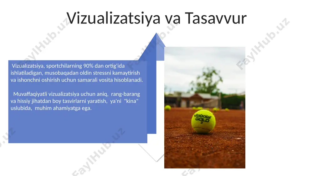 tli xotirada ushlab turish qobiliyati muhim ahamiyatga ega bo‘lib, bu esa sportchilarning qaror qabul qilish tezligini belgilaydi. sport psixologiyaning asosiy maqsadi sport psixologiyasi individual yondashuv asosida, o'ziga xos xususiyatlarini hisobga olgan holda, sportchining ruhiy tayyorgarligini, stressga chidamliligini va o'zini o'zi boshqarish ko'nikmalarini rivojlantirishga qaratilgan. ushbu soha, 30 dan ortiq turli texnikalarni qo'llagan holda, sportchilarning konsentratsiyasi, motivatsiyasi va o'z-o'zini anglashini oshirish orqali maksimal potensialini ro'yobga chiqarishga yordam beradi. to'g'ri oziqlanish va dam olish optimal gidratatsiya (kuniga 2-3 litr suv) mushaklarning ishlashini yaxshilaydi va charchoqni kamaytiradi, natijada sport natijalari yaxshilanadi. to'g'ri ovqatlanish sportchining jismoniy ko'rsatkichlarini 15-20% ga oshirishi mumkin, bu esa mushaklarning o'sishini va tiklanishini tezlashtiradi. e'tiboringiz uchun rahmat @taqdimot_robot image4.jpg image5.jpg image6.jpg image7.jpg image8.jpg image9.jpg image10.jpg image11.jpg image12.jpg image13.jpg image14.jpg image15.jpg image16.jpg image17.jpg image3.png image18.jpg image19.jpg image20.jpg image1.jpeg image2.jpeg