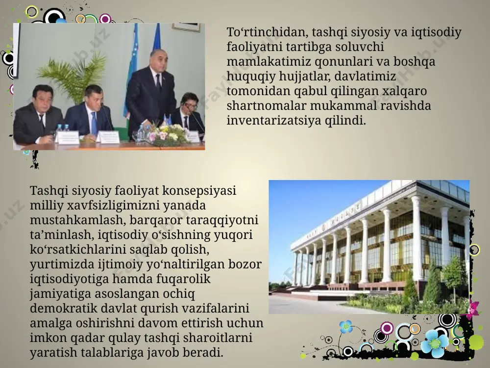 ariga tortilishning oldini olish yuzasidan siyosiy, iqtisodiy va boshqa chora-tadbirlarni ko‘radi, shuningdek, o‘z hududida xorijiy davlatlarning harbiy bazalari va obyektlari joylashtirilishiga yo‘l qo‘ymaydi; – konstitutsiyaga, “mudofaa to‘g‘risida”gi qonunga va harbiy doktrinaga muvofiq o‘zbekiston respublikasi qurolli kuchlari faqat davlat suvereniteti va mamlakat hududining yaxlitligini, aholining tinch hayoti va xavfsizligini himoya qilish maqsadida tuziladi hamda xorijdagi tinchlikparvarlik operatsiyalarida ishtirok etmaydi. hujjatning mazkur bo‘limida o‘zbekistonning tashqi siyosat sohasidagi vazifalari ham aniq va ravshan belgilab berilgan. bunda, jumladan, quyidagilar alohida ahamiyat kasb etadi: – milliy manfaatlarni qat’iy himoya qilishga va ilgari surishga yo‘naltirilgan izchil va faol tashqi siyosat strategiyasi olib borish; – markaziy osiyoda tinchlik va barqarorlikni saqlash va mustahkamlash, mintaqani xavfsizlik va barqaror taraqqiyot hududiga aylantirish. markaziy osiyoda munozara va nizolarni, konfliktli vaziyatlarni, keskinlik va tanglik holatlari eskalatsiyasining oldini olish maqsadida yuzaga kelayotgan muammolarni o‘z vaqtida hal etishda kerakli o‘rinlarda preventiv diplomatiya usullarini qo‘llash; – o‘zbekistonning dunyodagi yetakchi davlatlar va xalqaro tashkilotlar bilan …