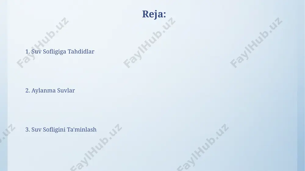oqda. suv ifloslanishining manbalari xorazm viloyatining ichimlik suvi manbalarining 15% yer osti suvlaridan olingan bo'lib, ularning bir qismi yuqori darajadagi nitratlar bilan ifloslangan, bu esa inson salomatligiga salbiy ta'sir ko'rsatishi mumkin. orol dengizi suvining ifloslanishiga 2000-yillarda 20% ga yaqin pestisidlar va mineral o'g'itlarning qo'shilishi sabab bo'lgan, bu esa qozog'iston va o'zbekistonning qirg'oq hududlarida ekotizimlarga katta zarar yetkazgan. suvning tozalash usullari тошкент вилоятидаги сув тозалаш иншоотларида ўртача кунига 500 000 м³ сув тозаланади, бунда хлорланиш ва ультрабинафша нурланиш каби 2 та асосий тозалаш усулларидан фойдаланилади. сувнинг ифлосланишининг 70% дан ортиғи қишлоқ хўжалигидан келиб чиқади, шунинг учун ўзбекистондаги ирригация тизимларининг самарадорлигини ошириш сувнинг тозалигини сақлашда муҳим аҳамиятга эга. suvning aylanish sikli suvning aylanish sikli yer yuzasidagi 1388 million kub kilometr suvning taxminan 97 foizini okeanlar tashkil etadi, qolgan 3 foizi esa quruqlikdagi muzliklar, daryolar va yer osti suvlaridir. suvning aylanish sikli global miqyosda iqlimni tartibga soladi, masalan, g'arbiy sibir tekisligida yog'inlar miqdorini, …