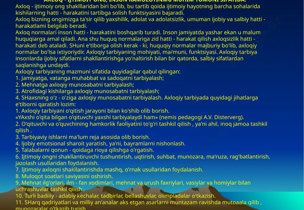 axtarib, g'iybat qiluvchilarga - jahannam bo'lsin». 2. «qalam surasi»dan: «nag bir qasamxo'r, yolg'onchi, kishilami ayblovchi, kamsituvchi. g'iybat qiluvchi, chaqimchi, yaxshilikni man qiluvchi, zulmkor, sergunoh, xulqi buzuq, otasining tayini yo'qqa itoat qilma. a. navoiy hikmatlaridan: «hayratul abror»dan: qanoat. «kimki qanoatni o'ziga kasb qilgan bo'lsa, bilki; qanoat uni boy qiladi. oltin, kumush bilan zebu ziynatlarni boylik deb bilma, balki haqiqiy boylik qanoat go'shasidir. qanoat oltini hech qachon yo'qolmaydi. ana shu oltinni qo'lga kiritib, shu orqali boyishga harakat qil. kulbada qanoat qilib o'tirgan darvesh tamagir podshohdan afzaldir. chunki tama qilish gadoylarning ishidur. bilki, tama etgan kishi gadodir». to'g'rilik. kimki to'g'rilik yo'lini bilmoqchi bo'lsa, bilsinki, bu ikki xil bo'ladi. biri shuki, kishining so'zi to'g'ri bo'lsa, uning so'zi bilan birga, o'zi ham to'g'ri bo'lishi kerak. yana biri shuki, yolg'on gapni ba'zilar taassuf bilan , uyalganidan «to'g'ri!» deydi. oldingisi, hech shubhasiz, yaxshi, lekin ikkinchisi ham yomon emas. kishi yolg'onni gapirsa ham kam gapirsa! qani shunday odam …