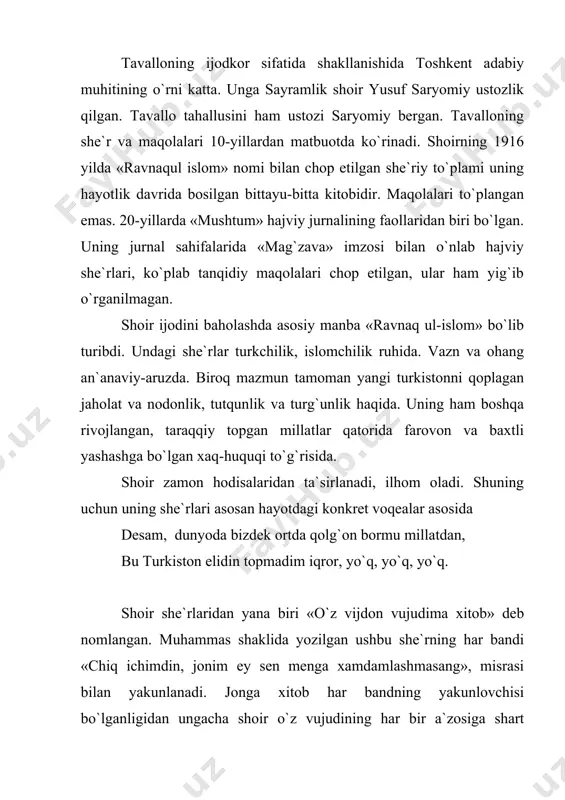 yg`onish davri adabiyoti.t.2004 y. 2. tavallo. «ravnaqul islom». t. 1993 y. 3. www.pedagog.uz 4. www.ozbekadabiyoti.uz 5. www.wiki.arxiv.uz\tavallo page