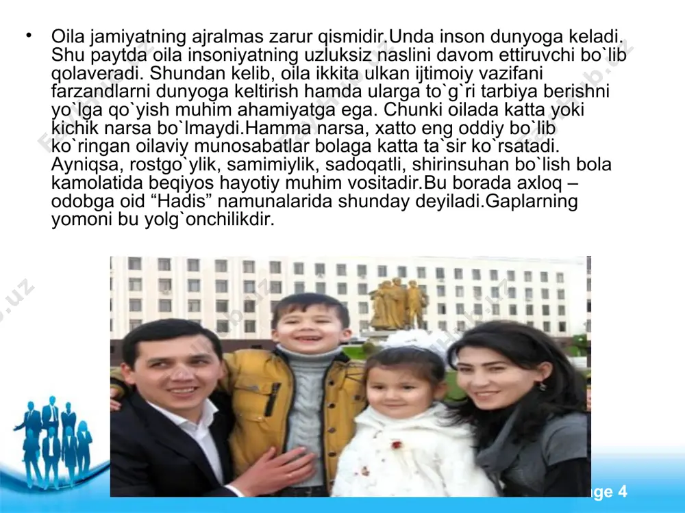 ates page * . “hadisi sharifda” “sabr va bardosh tangridan, shoshqoloqlik esa shaytondandir” degan ulug` so`zlarni eslab o`tish joizdir. shunday ekan oilaning katta yoshdagi a`zolarining bolaga qo`yadigan talablarni hamda ularga tarbiyaviy ta`sir ko`rsatishlarda so`z bilan ishning bir bo`lishi muhum ro`l o`ynaydi.oilada bunday birlikni bo`lmasligi bola hulq-atvoriga salbiy ta`sir ko`rsatishi muhum. bola tarbiyasi maktab, oila jamoatchilik va mehnat jamoalarning hamkorligida olib borilsa, tarbiyada ko`zlangan maqsadga erishish mumkin. shu bois keyingi paytlarda mahalla-kuylarda, turar joylarda olib borilayotgan tarbiyaviy ishlarning ko`lami ancha kengaydi. free powerpoint templates page * . yaqinda jumhuryatimizda madrasalar qoshida yoshlarni adolatli, iymonli, ihlosmand, axloqli qilib tarbiyalash maqsadida o`qishlar tashkil etildi. o`qish dasturi aynan yoshlarni “qur`on karim” va “hadis sharif “ rivoyatlari bayoni asosida tarbiyalashni ko`zlaydi. ota-ona farzandiga qancha qilsa ham oz, lekin farzand ham ota-onani hurmat qilishi lozim. bu haqda qadimgi hikoytlarda quyidagicha yoziladi. free powerpoint templates page * ey farzand! aql yuzasidan bilginki ota-onaning izzat va hurmatini bo`yinga …