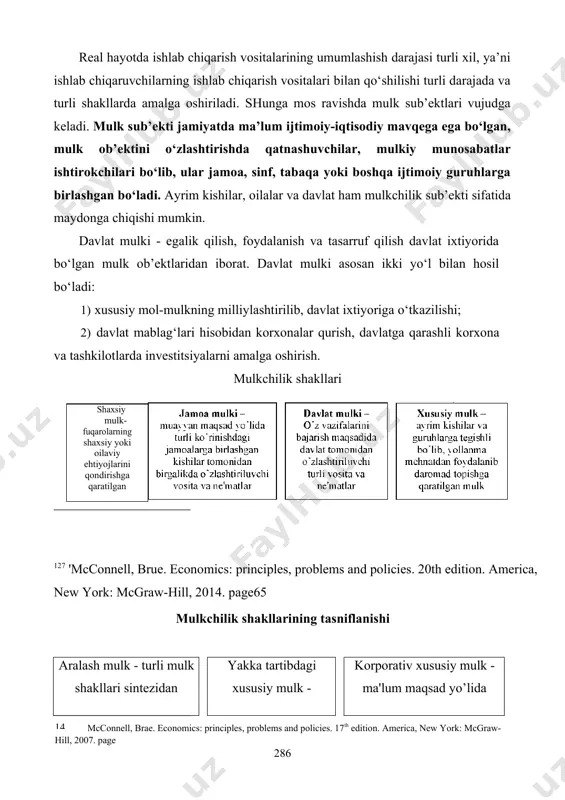shlab chiqaruvchilarning ishlab chiqarish vositalari bilan qo‘shilishi turli darajada va turli shakllarda amalga oshiriladi. shunga mos ravishda mulk sub’ektlari vujudga keladi. mulk sub’ekti jamiyatda ma’lum ijtimoiy-iqtisodiy mavqega ega bo‘lgan, mulk ob’ektini o‘zlashtirishda qatnashuvchilar, mulkiy munosabatlar ishtirokchilari bo‘lib, ular jamoa, sinf, tabaqa yoki boshqa ijtimoiy guruhlarga birlashgan bo‘ladi. ayrim kishilar, oilalar va davlat ham mulkchilik sub’ekti sifatida maydonga chiqishi mumkin. davlat mulki - egalik qilish, foydalanish va tasarruf qilish davlat ixtiyorida bo‘lgan mulk ob’ektlaridan iborat. davlat mulki asosan ikki yo‘l bilan hosil bo‘ladi: 1) xususiy mol-mulkning milliylashtirilib, davlat ixtiyoriga o‘tkazilishi; 2) davlat mablag‘lari hisobidan korxonalar qurish, davlatga qarashli korxona va tashkilotlarda investitsiyalarni amalga oshirish. mulkchilik shakllari 127 'mcconnell, brue. economics: principles, problems and policies. 20th edition. america, new york: mcgraw-hill, 2014. page65 mulkchilik shakllarining tasniflanishi aralash mulk - turli mulk shakllari sintezidan tashkil topib, shunga muvofiq tarzda o’zlashtiriluvchi vosita va ne'matlar yakka tartibdagi xususiy mulk - alohida olingan mulkdor tomonidan o’zlashtiriluvchi …