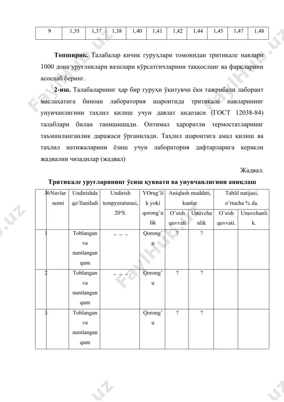 а асбоб ускуналарнинг зарарсизлантирилиши ҳар 10 кунда бир марта такрорланади. талабаларнинг ҳар бир кичик гуруҳидан бир киши уруғлик тозалиги таҳлилидан ўтган қопчадаги уруғлик намунасини таҳлил учун стол устига тўкади (расм). бошқа гуруҳлар талабалари ҳам бу талабанинг ишларини кузатиб боради ва параллел ҳолатда ўз таҳлилларини давом эттирадилар. таҳлил ўқитувчи кузатувида тўрт такрорда қуйидаги тартибда амалга оширилади: расм. уруғ ўртача намунасидан ишчи намуна олиш. 1.талаба уруғнинг ўсиш қуввати ва унувчанлиги алоҳида аниқланиши учун уруғдан тўрт марта алоҳида - алоҳида 100 донадан уруғ (тўртта кичик намуналарини) олади. 2.уруғларни ундириш учун пластмасса ёки металл ростилни идишларининг биридан 2 таси танланади (расм). ҳар бир идишга этикетка ёпиштирилиб, унга кичик намунанинг рақами, шунингдек, уруғнинг бошланғич ва асосий унувчанлиги аниқланадиган кунлари ёзиб қўйилади. 3.тобланган ва талабга биноан намланган (ўзининг тўлиқ нам сиғимига нисбатан 60% да) қум тоғарада олиб келиниб, ишчи стол устига қўйилади. 4.қум икки дона ванночкаларга 2 см қалинликда солиниб зичлагичда енгил босиб чиқилади. 5.қум ванночкаларнинг …