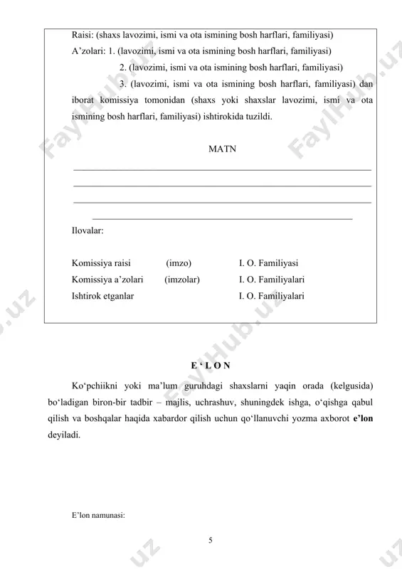 xat matnini yozishda quyidagilarga e’tibor berish lozim: - xat qisqa bo‘lishi, qoidaga ko‘ra bir betdan oshmasligi kerak; - fikrlar aniq va ravshan ifodalanishi shart; - matnda ko‘chma ma’noli so‘z va iboralar ishlatilmasligi zarur; - gaplarning kesimi hujjat turi va mazmuniga muvofiq uchinchi shaxs birlik yoki birinchi shaxs ko‘plik sonda shakllantirilishi lozim; - matn sarlavhasi bir jumla shaklida ikki qatordan oshmasligi, «to‘g‘risida» yoki «haqida» ko‘makchilari orqali tugatilishi kerak («institut sport maydonini ta ‘mirlash to‘g‘risida» kabi); - matnda xizmat xatining turi, nomi yozilmaydi, xatning qandayligi matn mazmunida aks etishi zarur. rasmiy xatlarda bayon qilingan fikr mantiqiy izchillikda ifodalanishi, yetarli dalillar bilan asoslanishi va xulosalanishi lozim. zarur holatlarda o‘rinli taklif yoki e’tiroz bildirilishi mumkin. ammo mutasaddi rahbarga nisbatan hurmat saqlanishi, murojaat odobiga amal qilinishi zarur. shu maqsadlarda: - rahbarga murojaat shakli «siz» so‘zini bosh harfda yozish orqali ifodalanadi (sizga, sizdan kabi); - fikriy bog‘liqlik «bu», «ushbu», «mazkur», «shu sababli», «shunga ko‘ra (muvofiq)» kabi …