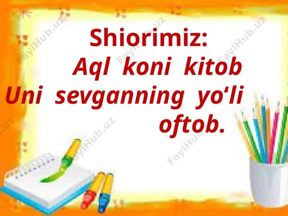gap tuzib, yozing. darsning yakuni: o'quvchilarni baholash: v. o’quvchilarni baholash vi. uyga vazifa: o’rganib kelish uygа vаzifа: quyida berilgan qo‘shma otlar tarkibidan xato yozilgan qo‘shma otlarni aniqlang, ularni to‘g‘rilab daftaringizga ko‘chiring. yangi yo‘l, to‘rtko‘l, quyi chirchiq, mirzaobod, jigar rang, so‘zboshi, tok qaychi, kir sovun, qo‘ziqorin, otquloq, kumushkon, oq tosh. e’tiboringiz uchun rahmat! foydalanilgan adabiyot: ona tili [matn]: 6-sinf uchun darslik / k. m. mavlonova [va boshq.]. – toshkent: respublika taʼlim markazi, 2022.–224 b. ushbu taqdimot slaydi mahsulotidir diqqat! ushbu mahsulotni tijoriy maqsadda ko‘paytirish javobgarlikka sabab bo‘ladi image3.jpeg image4.png image14.jpeg image15.png image7.png image16.gif image17.png image18.jpeg image19.jpeg image20.jpeg image21.jpeg image22.jpeg image23.png image24.jpg /docprops/thumbnail.jpeg
