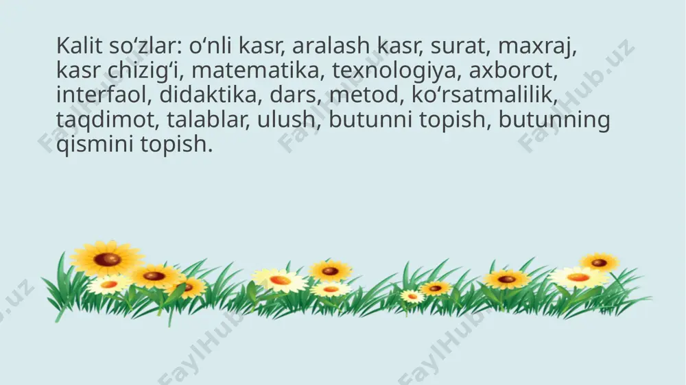 sr tushunchasiga olib keldi. bu tushuncha kishilarning amaliy faoliyatiga juda qadimdan kirib kelgan. kasrning (surati va maxraji bilan) yozuvi hindistonda yaratilgan unda faqat kasr chizig’i bo’lmagan. kasrning hozirgi aniq yozuvini xvi asrda arablar yozganlar. butunning teng bo‘laklari ulushlar deyiladi ulushlar butun yarim chorak nim chorak ulush va kasr nima? ulush nima? agar berilgan ob’ektni (narsani, narsalar to’plamini) bir necha teng bo’laklarga bo’lish mumkin bo’lsa, u holda bu bo’laklarning har biri ob’ektning (narsaning, narsalar to’plamining) ulushi deb ataladi. ulush ikkita natural son va chiziqcha yordamida yoziladi: 1/2, 1/3, 1/5 chiziqcha ostidagi son ob’ekt nechta bo’lakka bo’linganligini, chiziqcha ustidagi son esa bunday bo’lakdan bitta (ulush) olinganligini bildiradi. kasr (yoki kasr son) deb shunday natural sonlar juftiga aytiladiki, ulardan chiziqcha ostiga yozilgani ob’ekt nechta teng bo’lakka bo’linganligini, ikkinchisi, chiziqcha ustiga yozilgani esa hosil bo’lgan ulushlardan nechtasi olinganligini bildiradi: 3/4, 7/8. boshlangʻich sinfdan oldin, yaʼni maktabgacha yoshdayoq kasr tushunchasining boshlangʻich tushunchalari berilgan. masalan, olma, …