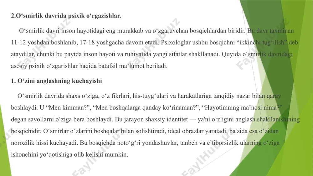y tarzda ayta olish imkoniyati bo‘lsa, ular ko‘proq ochiladi va yordam olishga intiladi. xulosa o‘smirlik davri inson hayotining murakkab va muhim bosqichlaridan biri bo‘lib, bu davrda jismoniy o‘sish bilan birga, psixik rivojlanish ham keskin o‘zgarishlarga uchraydi. o‘smirda o‘zini anglash, ichki dunyosiga chuqurroq kirib borish, mustaqillik va erkinlikka intilish kuchayadi. shu bilan birga, hissiyotlarda beqarorlik, o‘z-o‘zini baholashdagi tebranishlar, jamoadagi o‘z o‘rnini topishga bo‘lgan ehtiyoj kuchayadi. psixologik jihatdan, bu davrda shaxsiy ong rivojlanib, o‘smirlar o‘z qarashlarini shakllantirishga harakat qilishadi. aqliy faoliyatda abstrakt va tanqidiy fikrlash unsurlari kuchayadi. ijtimoiy jihatdan esa, do‘stlar, guruh a’zolari va jamiyat fikri muhim o‘rin egallaydi. shu sababli, bu davrda ota-ona, o‘qituvchi va jamiyat tomonidan ko‘rsatiladigan ijobiy yo‘naltirish, emotsional qo‘llab-quvvatlash muhim ahamiyatga ega bo‘ladi. xulosa qilib aytganda, o‘smirlik psixikasining rivojlanish xususiyatlarini chuqur anglash, ularning sog‘lom shakllanishiga zamin yaratadi va kelajakdagi shaxsiy va ijtimoiy muvaffaqiyatlarining asosi bo‘lib xizmat qiladi. foydalanilgan adabiyotlar. 1. a.n. leontev – “faoliyat, ong va shaxs” 2. …