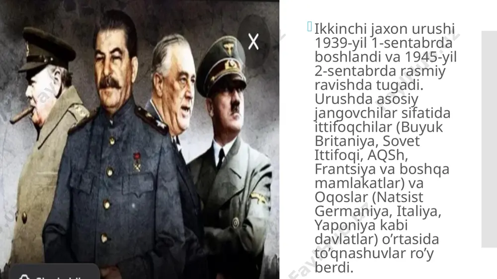 ligi va kontreofensiva: 1941-yilning oxirlariga kelib, sovetlar moskvani himoya qilishda muvaffaqiyatli bo‘ldi va 1941-yil dekabrida germaniya armiyasiga qarshi katta kontreofensivaga o‘tdi. sovetning dastlabki yo‘qotishlari: germaniya boshlang‘ich muvaffaqiyatlarga erishdi, chunki sovet armiyasi tayyor emasdi, lekin sovet ittifoqi tez orada qarshilik ko‘rsatishni boshladi. natijalari: germaniyaning muvaffaqiyatsizligi: operatsiyaning boshidagi muvaffaqiyatlarga qaramay, sovet ittifoqi qarshilik ko‘rsatdi va germaniya oxir-oqibatda to‘xtab qoldi. strategik natijalar: sovetlar berlindan nisbatan uzoqlashib, o‘z hududlarini himoya qilishni davom ettirdilar. bu urushning ikkinchi bosqichiga, 1942-yilda stalingrad jangiga olib keldi, bu esa germaniya uchun katta mag‘lubiyat bilan yakunlandi. 3.sovetlarning qarshi hujumi va berlinni egallash (1943-1945) sovet ittifoqi 1943-yilda stalingrad jangidan keyin yirik qarshi hujumga o’tdi. sovet qo’shinlari germaniyaning sharqiy yevropadagi hududlarini bosib olishni boshladilar. kursk jangida (1943-yil iyul) sovet qo’shinlari nemis tanklarini yirik mag’lubiyatga uchratdi, bu germaniyaning sharqiy frontdagi strategik imkoniyatlarini chekladi. 1944-yilning yozida sovetlar germaniya kuchlarini polsha va yevropaning boshqa qismlaridan surib chiqishdi. sovet qo’shinlari 1945-yil aprelida berlinni egallashdi va germaniyaning …