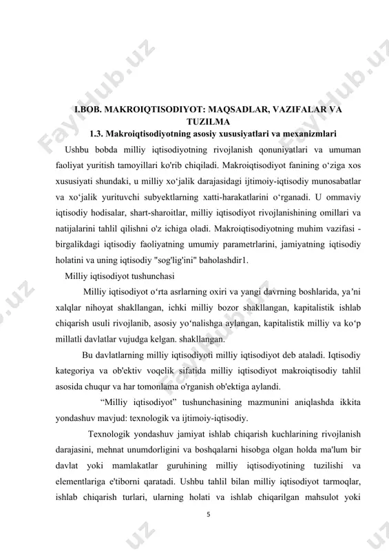 tisodiy tahlilni olib boruvchi va boshqa muassasa va idoralar. to'rtinchidan, milliy iqtisodiyot davlat ijtimoiy masalalarni hal qiladigan, ijtimoiy infratuzilmani saqlashni - o'rta va oliy ta'lim, sog'liqni saqlash, san'at, madaniyat, ommaviy sport va boshqalar tizimini takomillashtirishni o'z zimmasiga oladigan bozordan tashqari sektorni o'z ichiga oladi. . milliy iqtisodiyot davlatga pensiyalar, ishsizlik nafaqalari, stipendiyalar va ko'p bolali oilalarga yordam berish bo'yicha ijtimoiy dasturlarni amalga oshirish imkonini beradi. demak, milliy iqtisodiyotning mohiyati shundan iboratki, u muayyan mamlakatning uzoq tarixiy evolyutsion rivojlanishi natijasida rivojlangan ijtimoiy mehnat tarmoqlari, turlari va shakllari mavjud bo'lgan davlatning milliy va ijtimoiy takror ishlab chiqarishining o'rnatilgan tizimini ifodalaydi. o‘zaro bog‘langan. makroiqtisodiyot - bu uy xo'jaliklari, korxonalar va davlatning o'zaro ta'sirida faoliyat yurituvchi va ularning barqaror o'zaro ta'sirini ta'minlaydigan umumiy mexanizmlarga qaratiladigan yaxlit iqtisodiy tizimdir. makroiqtisodiyot umumiy (milliy) mehnat taqsimotiga asoslangan iqtisodiy yaxlitlik bilan tavsiflanadi, sohalar, tarmoqlar va hududlarni o'zaro bog'liq qiladi. yaxlitlik doirasida iqtisodiy agentlar o'zaro bozor yoki iqtisodiy jarayon …