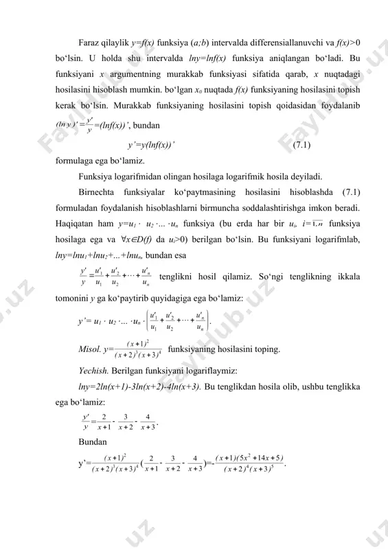 x)v(x)((ln(u(x)v(x))’=u(x)v(x)(v(x)(lnu(x))’=u(x)v(x)(v’(x)lnu(x)+v(x)( ) bo‘ladi. bundan (u(x)v(x))’=u(x)v(x)lnu(x)(v’(x)+v(x)(u(x)v(x)-1(u’(x) formula kelib chiqadi. shunday qilib, daraja-ko‘rsatkichli funksiyaning hosilasi ikkita qo‘shiluvchidan iborat: agar u(x)v(x) ko‘rsatkichli funksiya deb qaralsa birinchi qo‘shiluvchi, agar u(x)v(x) darajali funksiya deb qaralsa ikkinchi qo‘shiluvchi hosil bo‘ladi. misol. y=xx-1 funksiyaning hosilasini toping. yechish. (7.1) formulani qo‘llaymiz. y’=y((lnxx-1)’=xx-1(((x-1)lnx)’= xx-1((lnx+1- ). adabiyotlar 1. azlarov. t., mansurov. x., matematik analiz. t.: «o‘zbekiston». 1 t: 1994, 2 t . 1995 2. toshmetov o‘. matematik analiz. matematik analizga kirish. t., tdpu. 2005y. 3. hikmatov a.g‘., turdiyev t. «matematik analiz», t.1-qism.1990y. 4. sa’dullayev a. va boshqalar. matematik analiz kursi misol va masalalar to`plami. t., «o‘zbekiston». 1-q. 1993., 2-q. 1995. 5. vavilov v.v. i dr. zadachi po matematike. nachala analiza. m.nauka.,1990.-608s. 6. www.ziyonet.uz _1193313305.unknown _1193313323.unknown _1193313340.unknown _1193313421.unknown _1193313422.unknown _1193313420.unknown _1193313331.unknown _1193313314.unknown _1189274131.unknown _1193313263.unknown _1189275919.unknown _1189273875.unknown