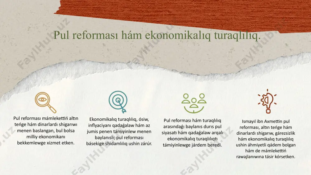 miyinlew ushin pul aylanısın tártipke salıwdı zárúr dep bildi. ol birinshi márte óz atınan altın dinar hám gúmis dirhamlar shıǵarıwdı jolǵa qoydı. bul reforma eki bagdarda alıp barıldı: oraylasqan pul sisteması engizildi - endi tek húkimdar tárepinen tastıyıqlangan tengeler aylanısta boliwi kerek edi. jańa teńgelerdiń sapası hám salmaǵı qatań belgilendi - bul bolsa bazarlarda isenimdi arttırdı hám aldawshılıq jaǵdayların azayttı. altın dinarlardıń áhmiyeti. ismayıl ibn axmet tárepinen shıģarılgan altın dinarlar óz zamanı ushın júdá áhmiyetli ekonomikalıq hádiyse boldı. olar tómendegi tárepleri menen ajıralıp turadı: joqarı sapalı - dinarlar taza altınnan shıǵarılǵan, olardıń salmaǵı hám quramı qatań qadaǵalaw astında bolǵan. milliylik - bul teńgelerde birinshi márte arab jazıwında ismail ibn axmettiń atı hám samaniyler dinastiyasınıń belgileri sáwlelendirilgen. altın tenge hám dinarlar:kirisiw izzam ibn axmettiń pul reforması dáwirinde, altın teńgeler hám dinarlar mámlekettiń finanslıq gárezsizligin támiyinlewde áhmiyetli rol oynadı. bul teńgeler tariyxıy áhmietke ie bolıp, mámlekettiń ekonomikalıq turaqlılıǵınıń belgisi sıpatında xızmet etken. …