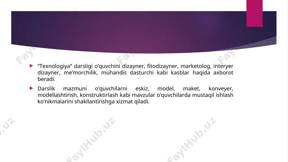 tining ahamiyatini anglatish. atrof-muhitga mas’uliyatli munosabatni shakllantirish. jamoaviy va individual mehnat madaniyatini tarbiyalash. 2. dts bo‘yicha o‘quv dasturining asosiy yo‘nalishlari ✅ 1-4-sinflar uchun asosiy yo‘nalishlar 1-sinf: qog‘oz va karton bilan ishlash. applikatsiyalar yaratish. oddiy shakllarni kesish, yopishtirish va buklash. 2-sinf: oddiy konstruksiyalar yasash. bezak san’ati va kashtachilik elementlari. plastilin va tabiiy materiallar bilan ishlash. 3-sinf: oddiy mexanik modellar yasash. tikuv va to‘quv elementlari. yog‘och va karton bilan ishlash. 4-sinf: texnik modellashtirish asoslari. elektr va mexanik tizimlarning oddiy elementlari. hayotiy muammolarni hal qilish uchun amaliy loyihalar yaratish. 5. dts asosida dars jarayonini tashkil etish amaliy mashg‘ulotlarga ko‘proq vaqt ajratish. o‘quvchilarning qiziqishlariga mos topshiriqlar berish. jamoaviy va individual ishlashni uyg‘unlashtirish. ekologik va texnik tafakkurni rivojlantirish uchun loyihaviy usullarni qo‘llash. o‘quv dasturiga qo‘yilgan talablar