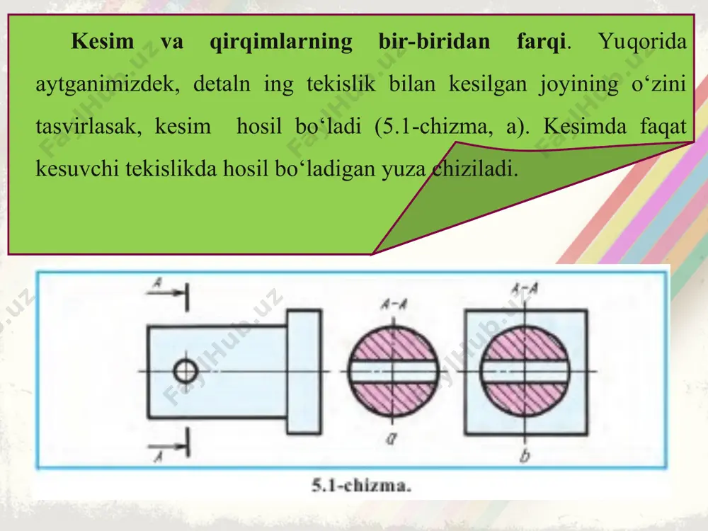 w ga parallel qilib o‘tkazilgan. shunda detalning chapdan ko‘rinishida ichi to‘liq ko‘rinadi (bu yerda c tekislik izi va c–c shartli ravishda ko‘rsatilgan). * qirqim qo‘llanilgan chizmaga e’tibor berilsa, detalning ichki tuzilishini tasvirlovchi shtrix chiziqlar o‘chirilgan (6.2- va 6.3- chizmalarga q.). uning o‘rniga kontur chiziq chiziladi. qirqimda kesuvchi tekislik izi detalning simmetriya o‘qi orqali o‘tsa, u tasvirlanmaydi. 5.3- va 6.1-chizmalarda kesuvchi tekislik detalning turli joylaridan o‘tgan holatdagi qirqimning belgilanishi ko‘rsatilgan. * detalning shakli murakkabroq bo‘lsa va uning ichki tuzilishini bitta ko‘rinishda qirqib ko‘rsatishning imkoniyati bo‘lmasa, boshqa ko‘rinishlarida ham qirqim qo‘llaniladi. 6.3-chizmadagi detalning uchala ko‘rinishida ham qirqim qo‘llanilgan. a–a orqali frontal qirqim, b–b yordamida gorizontal qirqim bajarilgan. bu yerda kesuvchi tekislik izlari detalning simmetriya o‘qi orqali o‘tmaganligi uchun ular a–a va b–b tarzida ko‘rsatilgan. shu chizmada proﬁl qirqim belgilanmagan, chunki uni qirquvchi proﬁl tekislik detalning simmetr iya o‘qi tekisligi orqali o‘tgan. ko‘pincha, detalning ichki ko‘rinishini bitta kesuvchi tekislik orqali ko‘rsatib bo‘lmaydi. bunday …