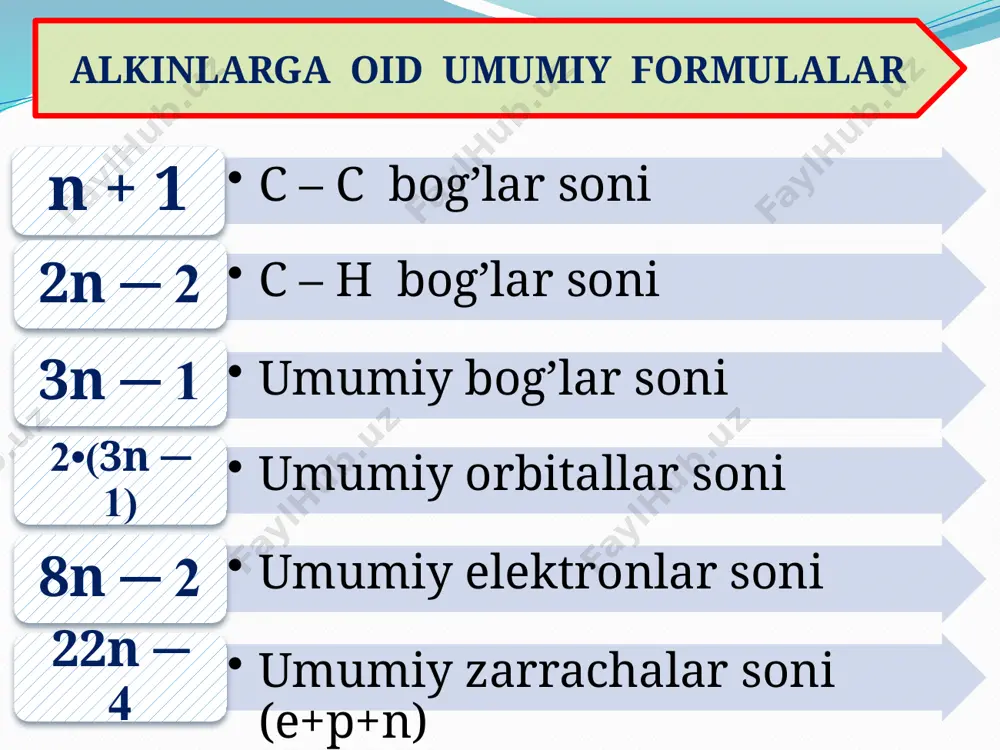 oh + h2 + co2 + c2h2 c – cook fizik xossalari с2 – с4 rangsiz, hidsiz gaz. suvda erimaydi. с5 – с16 suyuqlik bo’lib, suvda erimaydi. c17 va undan ko’p hidsiz, qattiq moddalar bo’lib, suvda erimaydi molekulyar massa ortishi bilan ts va t0q va nisbiy zichligi ortadi. normal zanjirli alkinlar tarmoqlangan vakillaridan yuqori bo`ladi. uch bog`ning holati qaynash t0 kuchli ta`sir ko`rsatadi. masalan: c – c – c ≡ c 8,50c c – c ≡ c – c 27,80c da qaynaydi. c2h2 tarkibida c miqdori ko`pligi uchun qora dudli alanga berib yonadi. (tutab) gidrogenlanishi 2. galogenlanishi alkinlar bromli suvni rangsizlantiradi. 3. vodorod galogenidning birikishi birikish reaksiyalari kimyoviy xossalari 4. gidratlanishi ( kucherov reaksiyasi 1881 - yil ) birikish reaksiyalari vinil spirti sirka aldegid atseton eltekov qoidasi: 1887 yil qo`shbog` tutgan c atomi gidroksil guruh tutmaydi. 1 ta c atomi 2 ta gidroksil guruh saqlamaydi. bunday birikmalar beqaror birikmalar bo`lib, …