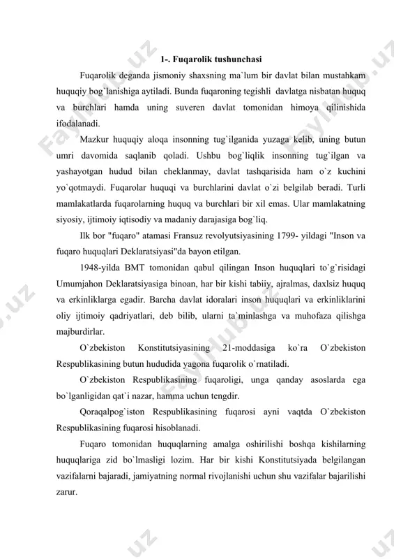 o tomonidan huquqlarning amalga oshirilishi boshqa kishilarning huquqlariga zid bo`lmasligi lozim. har bir kishi konstitutsiyada belgilangan vazifalarni bajaradi, jamiyatning normal rivojlanishi uchun shu vazifalar bajarilishi zarur. konstitutsiyaning qoidalari bevosita amal qiladi va barcha davlat idoralari, mansabdor shaxslar, jamoat tashkilotlari, fuqarolar tomonidan ijro etilishi majburiydir. konstitutsiyada mustahkamlab berilgan barcha huquqlar va erkinliklar sud yo`li bilan himoya qilinishi lozim. shaxs va jamiyatning o`zaro mas`uliyati - huquqiy davlatning ajralmas belgisidir. nodemokratik davlatda faqat fuqaroning davlat oldidagi mas`uliyati tan olinadi. u go`yo fuqaroga huquq va erkinlik berayotganday bo`ladi va uning maqomini tayinlaydi. huquqiy davlatda esa buning aksini ko`ramiz. bu yerda davlat organlari va mansabdor shaxslarning fuqarolar qoshida ularning huquq va erkinliklari uchun mas`ulligi masalasiga e`tibor qaratiladi. bu mas`uliyat fuqarolarning huquq va erkinliklari buzilishida aybdor bo`lgan mansabdor shaxslarning javobgarlikka tortilishini ta`minlaydigan va keskin jazo choralari ko`rilishini ko`zda tutadigan tegishli me`yoriy-huquqiy hujjatlar mavjud bo`lgan sharoitdagina amaliy tus kasb etadi. fuqarolarning huquq va erkinliklari buzilmasligining muhim kafolati …