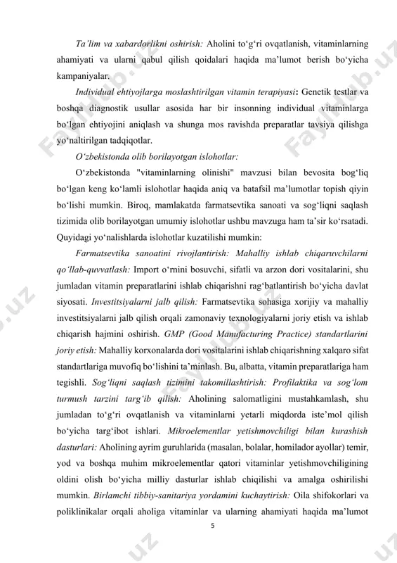 i sintetik yo‘l bilan ishlab chiqarish texnologiyalarini o‘rganish. · vitamin yetishmovchiligi va ortiqchaligining sabablari, belgilari va oqibatlarini tahlil qilish. · farmatsevtika sanoatida vitamin preparatlarini ishlab chiqarish va sifatini nazorat qilish masalalarini ko‘rib chiqish. kurs ishining obyekti. kurs ishining obyekti sifatida biz turli vitaminlar va ularni olish jarayonlari olib o‘rganib chiqdik. kurs ishining predmeti. kurs ishining predmeti vitaminlarni tabiiy va sintetik usullar bilan olishning nazariy va amaliy jihatlari, shuningdek, ularning farmatsevtik ahamiyati hisoblanadi. kurs ishining nazariy va metodologik asoslari. ushbu kurs ishi davomida vitaminlarning inson organizmi uchun hayotiy zarur bo‘lgan moddalar ekanligi, ularning turli fiziologik jarayonlardagi muhim roli va yetishmovchiligi yoki ortiqchaligining salbiy oqibatlari batafsil o‘rganildi. kurs ishining tuzulishi va hajmi. mazkur kurs ishi ikki bob, xulosalar, umumiy xulosa va foydalanilgan adabiyotlar ro‘yxatidan tashkil topgan. kurs ishining hajmi –bet. i bob vitaminlar haqida umumiy ma’lumotlar 1.1 vitaminlarning ta’rifi, tasnifi va nomlanishi vitaminlar ( lotincha vita-hayot ) deb organizmning normal o’sishi va …