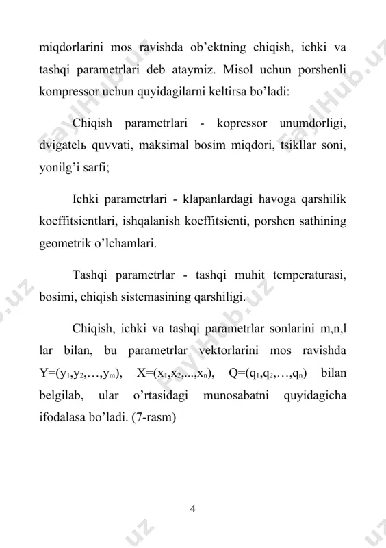 protseduralari tasnifi sintez - berilganlar bo’yicha loyihalash ob’ektini tavsiflash, analiz - loyihalash ob’ektning tavsifi asosida uning xususiyatini va ishga yaroqliligini aniqlash demakdir. qisqacha aytganda sintezda ob’ekt yasaladi, analizda ob’ekt loyihasi baholanadi. analiz protsedurasi bir yoki ko’p variantli bo’lishi mumkin. bir variantli analizda x va q lar berilgan bo’lib (7-rasmga qarang), ularni aniqlash masalasi ko’riladi. x va q vektorlarning miqdorlari ko’p o’lchamli koordinatalar sistemasida bitta-bitta nuqtalarni egallagan bo’ladi va bir variantli atalishining sababi x va q larga mos bittagina u ning qiymati aniqlanadi (6-model buyicha). кo’p variantli analizda esa x lar fazoning ma’lum qismi oralig’ida har xil qiymatlarda berilgan bo’ladi, shuning uchun 6 modeldan ko’p foydalanishga to’g’ri keladi. sintez protsedurasi strukturaviy va parametrik sintezlarga ajraladi (8-rasm). strukturaviy sintezda ob’ektning strukturasi (elementlarining turlari, soni va o’zaro aloqalari) aniqlanadi. parametrik sintezda u va q larga mos bo’lgan x lar aniqlanadi, ya’ni ob’ekt turkumidagi elementlarning parametrlari hisoblanadi. tipaviy loyihalash protseduralari analiz sintez bir variantli …