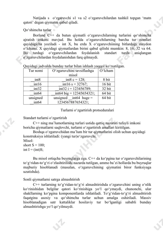 i nazarda tutilgan, ammo ba’zi hollarda bu buyruqlar majburiy hisoblanadi (masalan, o‘zgaruvchining qiymatini biror funksiyaga uzatishda). sonli qiymatlarni satrga almashtirish c++ turlarning to‘g‘ridan-to‘g‘ri almashtirishda o‘zgaruvchini uning o‘nlik ko‘rinishidan belgilar qatori ko‘rinishiga yo‘l qo‘ymaydi, chunonchi, ular shakllarning ko‘pgina komponentlarda ishlatiladi. to‘g‘ridan-to‘g‘ri almashtirish faqatgina asosiy va qo‘shimcha turlar uchun amalga oshiriladi. massiv hisoblanadigan satr kattaliklar hosilaviy tur bo‘lganligi sababli bunday almashtirishga yo‘l qo‘yilmaydi. bunday almashtirishlar uchun quyidagi standart almashtirish funksiyalari ishlatiladi: inttostr, strtoint, floattostr va boshqalar. ko‘pchilik ma’lumotlar turlari uchun shu kabi satrga va teskari o‘tkazish funksiyalari mavjud. misol: char s[10]; // belgilar massivi int i = 100; // butun qiymatli o‘zgaruvchi s = inttostr(i); // o‘tkazish shartli buyruq dasturda tarmoqlanishni amalga oshirish, ya’ni ba’zi faktorlarga bog‘liq holda turli amallar bajarilishi uchun if buyrug‘i ishlatiladi. buyruq quyidagi formatga ega: if (ifoda){ 1 - operator;} [else { 2 - operator;}] if buyrug‘ining bajarilishi ifodaning qiymatini hisoblashdan boshlanadi. so‘ngra ish quyidagi sxema asosida amalga …