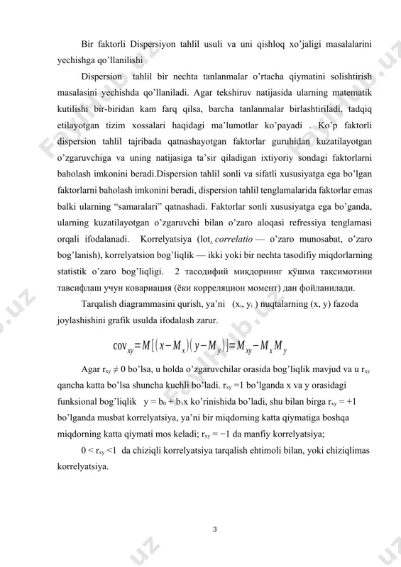rrelyatsiya. regressiya (лoт. regressio — teskari harakat, chekinish),ehtimollar nazariyasi va matematik statistikada biror miqdor o’rtacha qiymatining boshqa bir yoki bir necha miqdorlarga bog’liqligi. 1.o‘lchovli funksiya. iхtiyoriy ehtimollik fazosi bo‘lsin. 1-ta’rif. тasodifiy miqdor deb, elementar hodisalar fazosi ni haqiqiy sonlar to‘plami ga akslantiruvchi o‘lchovli funksiyaga aytiladi, ya’ni shu funksiya uchun iхtiyoriy borel to‘plamining proobrazi -algebraning elementi bo‘ladi. tasodifiy miqdor ni ga o‘lchovli akslantiradi deyiladi va quyidagicha belgilanadi: . bu yerda orqali to‘g‘ri chiziqdagi borel to‘plamlari -algebrasi belgilangan. тasodifiy miqdorlarga misollar keltiramiz. 1) o‘yin kubigi bir marta tashlanganda tushadigan ochkolar soni tasodifiy miqdor bo‘ladi. bu miqdor 1, 2, 3, 4, 5, 6 qiymatlarni qabul qiladi. 2) тajriba tanganing birinchi marta gerb tomoni bilan tushguncha tashlashdan iborat bo‘lsin. tanganing tashlashlar soni (1, 2, 3, ...) barcha natural sonlar to‘plamidan qiymatlar qabul qiluvchi tasodifiy miqdordir. 3) elektron lampaning ishlash vaqti ham tasodifiy miqdordir. yuqorida keltirilgan misollarda tasodifiy miqdorlar chekli, sanoqli yoki cheksiz qiymatlarni qabul …