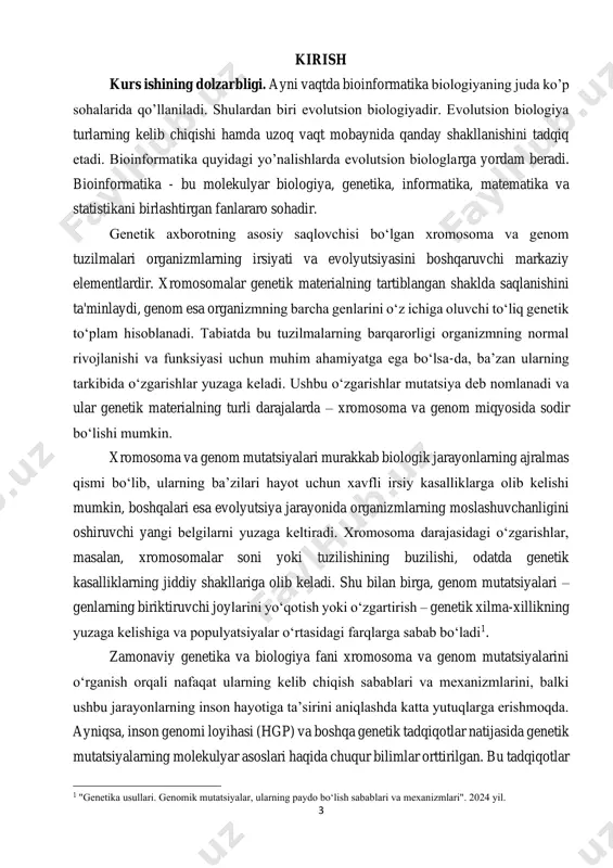 ullari. genomik mutatsiyalar, ularning paydo bo‘lish sabablari va mexanizmlari". 2024 yil. 4 orqali genetik kasalliklarni aniqlash, oldini olish va davolash bo‘yicha yangi texnologiyalar ishlab chiqilmoqda. mazkur mavzuda xromosoma va genom mutatsiyalarining kelib chiqish sabablari, asosiy turlari, biologik va evolyutsion ahamiyati, shuningdek, zamonaviy genetik tadqiqotlar va amaliyotlarda ushbu o‘zgarishlarning qo‘llanilishi haqida batafsil ma’lumot beriladi. ushbu masalalar nafaqat biologiya va tibbiyot uchun muhim, balki insoniyatning hayot sifatini yaxshilash yo‘lida yangi imkoniyatlar ochib beruvchi fanlararo yondashuvni shakllantiradi. genom va genetik xilma-xillikni o'rganish bo'yicha fundamental, amaliy va innovasiya ishlarini amalga oshirish, qishloq xo'jaligi ekinlari, dorivor va texnik o'simliklar tuzilishi hamda faolligini o'rganish, urug'chilik bilan bog'liq ishlar, ularni turli sharoitda sinash hamda ishlab chiqarishga tatbiq qilish bugungi kunning muhim vazifasidir. o'zbekiston fanlar akademiyasi huzuridagi genomika va bioinformatika markazi tomonidan zamonaviy gen va hujayra muhandisligi, genom va virtual seleksiya dasturlarini ishlab chiqish hamda ulardan foydalanib, atrof-muhit va odamlar uchun xavfsiz, kasallik va zararkunandalarga chidamli, turli tuproq-iqlim …