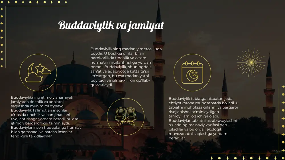 fikrni to'g'ri yo'naltirishda yordam beradi. xotirjamlikni oshirish buddaviylik tamoyillari asosida xotirjamlikni oshirish uchun his-tuyg'ularni anglash va qabul qilish, shuningdek, jismoniy va ruhiy salomatlikka e'tibor berish zarur. bular ruhiy holatni yaxshilashga yordam beradi. xulosa buddaviylik, inson ruhiyati va ichki xotirjamlikni ta'minlashga yo'naltirilgan. ushbu din, tarixi davomida, tinchlik va adolatni keltirishni maqsad qilgan, shuningdek, o'z-o'zini anglash va meditatsiya amaliyotlari orqali stressni kamaytirish imkoniyatlarini taqdim etadi. buddaviylik va ichki xotirjamlik zamonaviy dunyoda buddaviylik, tinchlik va ijtimoiy adolatni qo'llab-quvvatlashda muhim rol o'ynaydi. u insonlarga o'zlarini anglashda yordam beradi va jamiyatda ijobiy o'zgarishlarni keltirib chiqaradi. buddaviylikning kelajagi e'tiboringiz uchun rahmat! image1.png image2.png image3.png image4.png image5.png image6.png image7.png image8.png image9.png image10.png image19.png image20.png image26.png image22.png image23.png image24.png image21.png image14.png image15.png image16.png image17.png image18.png image12.png image13.png image25.png image11.png image28.png